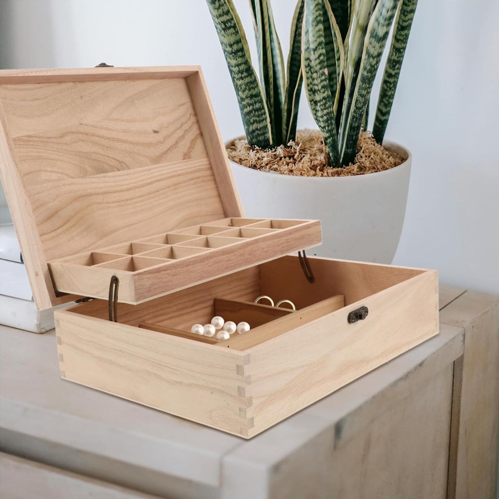 Rustikale Schmuckschatulle mit Fächern, doppellagiger Organizer mit Klappdeckel, multifunktionale Aufbewahrungsbox für Ohrringe und Halsketten
