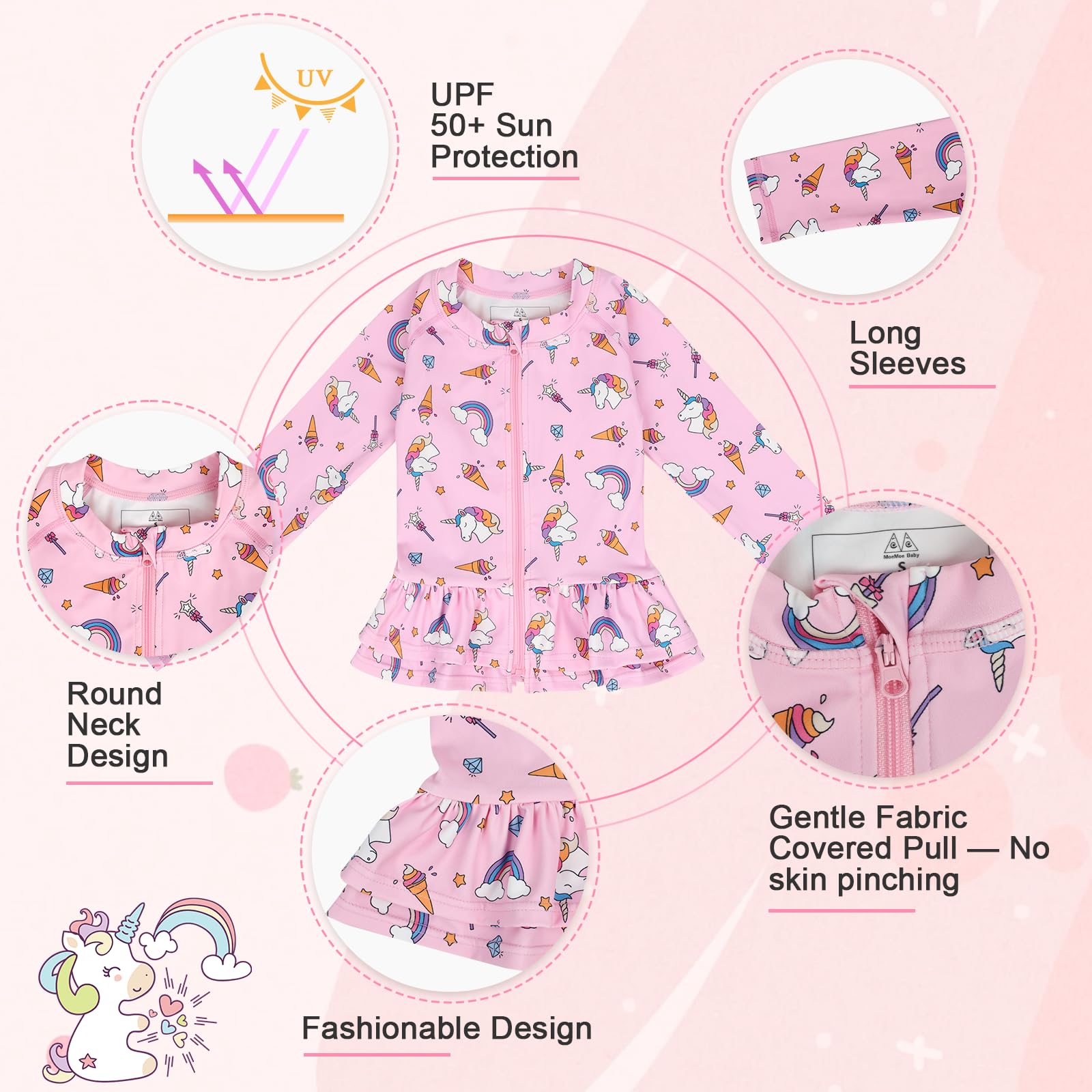 MOEMOE BABY Swimming Costume Toddler Long Sleeve Swimsuit Kids Rash Guard Two Pieces Swimming Suit Girls Swimwear with Swim Nappy,2 Years,S,Pink Unicorn - Image 2