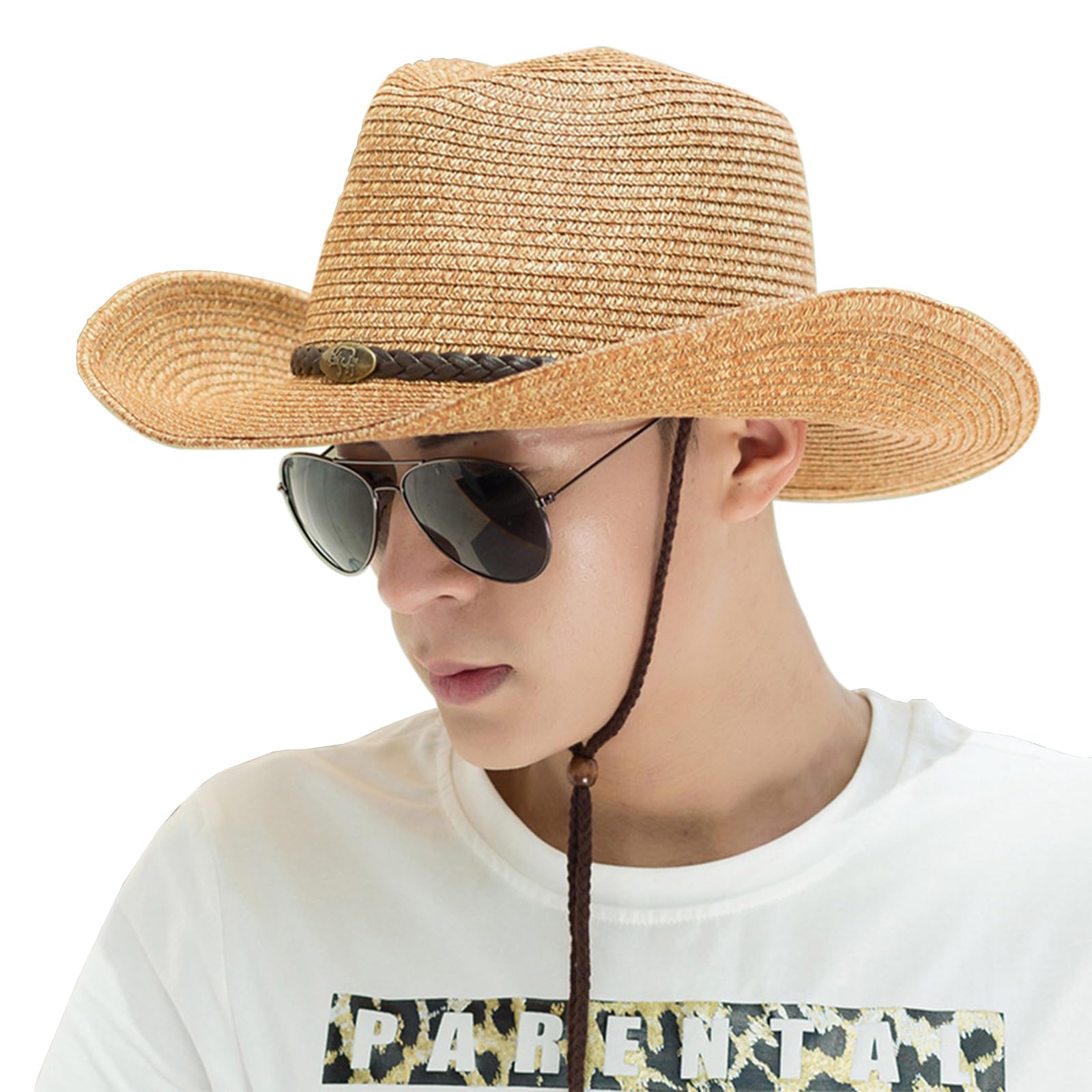 Western Cowboy Sun Hat Straw Hats for Men Sun Protection Large Brim Beach Straw Visor Cap Breathable Khaki