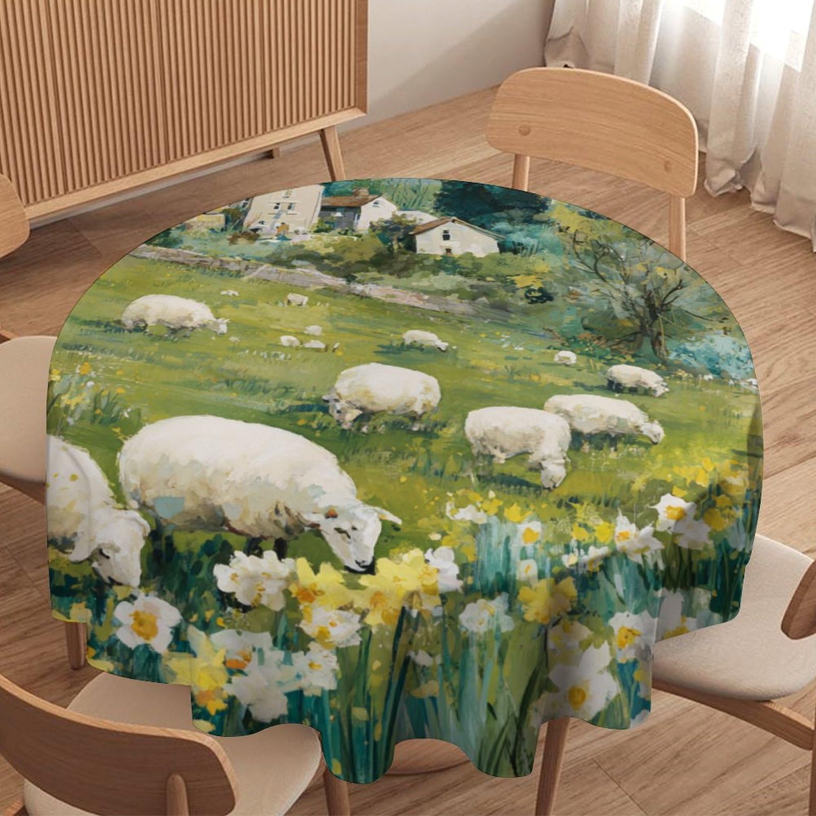 LUYYSKY Colorful Classic Animals Sheep Round Tablecloth Beautiful Rustic Spring Farmhouse Daisies Floral Alpaca Washable Decor for Table Cover for Kitchen-91.4" Wx91.4 L cm