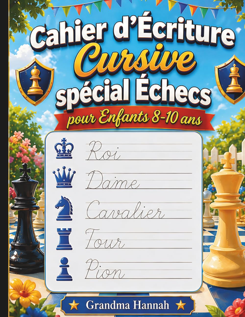 Cahier d’Écriture Cursive spécial Échecs pour Enfants 8-10 ans: Alphabet, Phrases à copier, Faits insolites sur les échecs, Coloriages et Labyrinthes