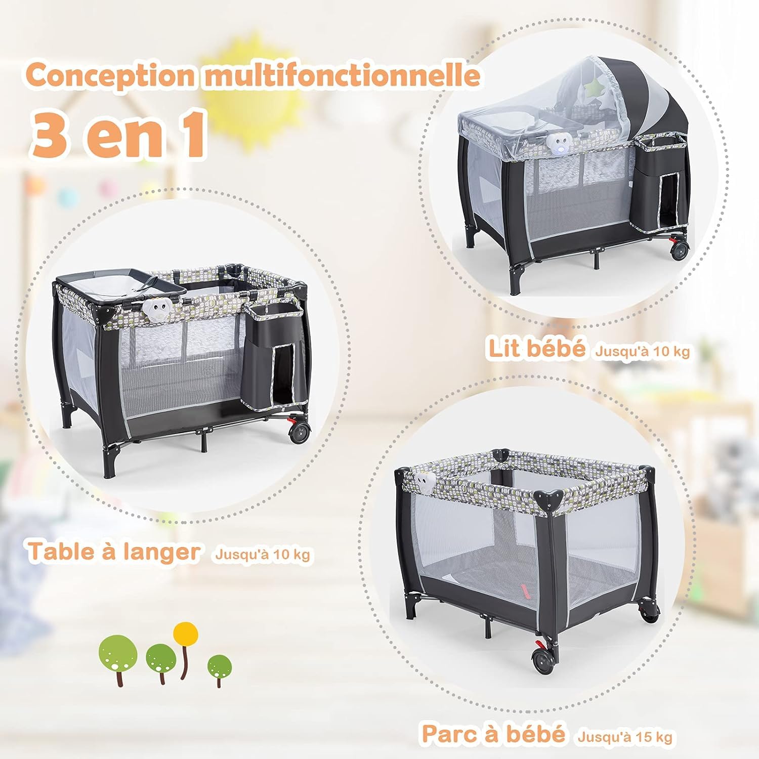 GOPLUS Cama Plegable con Ruedas, Cambiador y colchón, Cuna de Viaje con Lindos Juguetes y Bolsa de Transporte, Apta para bebés de 0 a 36 Meses, Carga máxima 15 kg, Gris