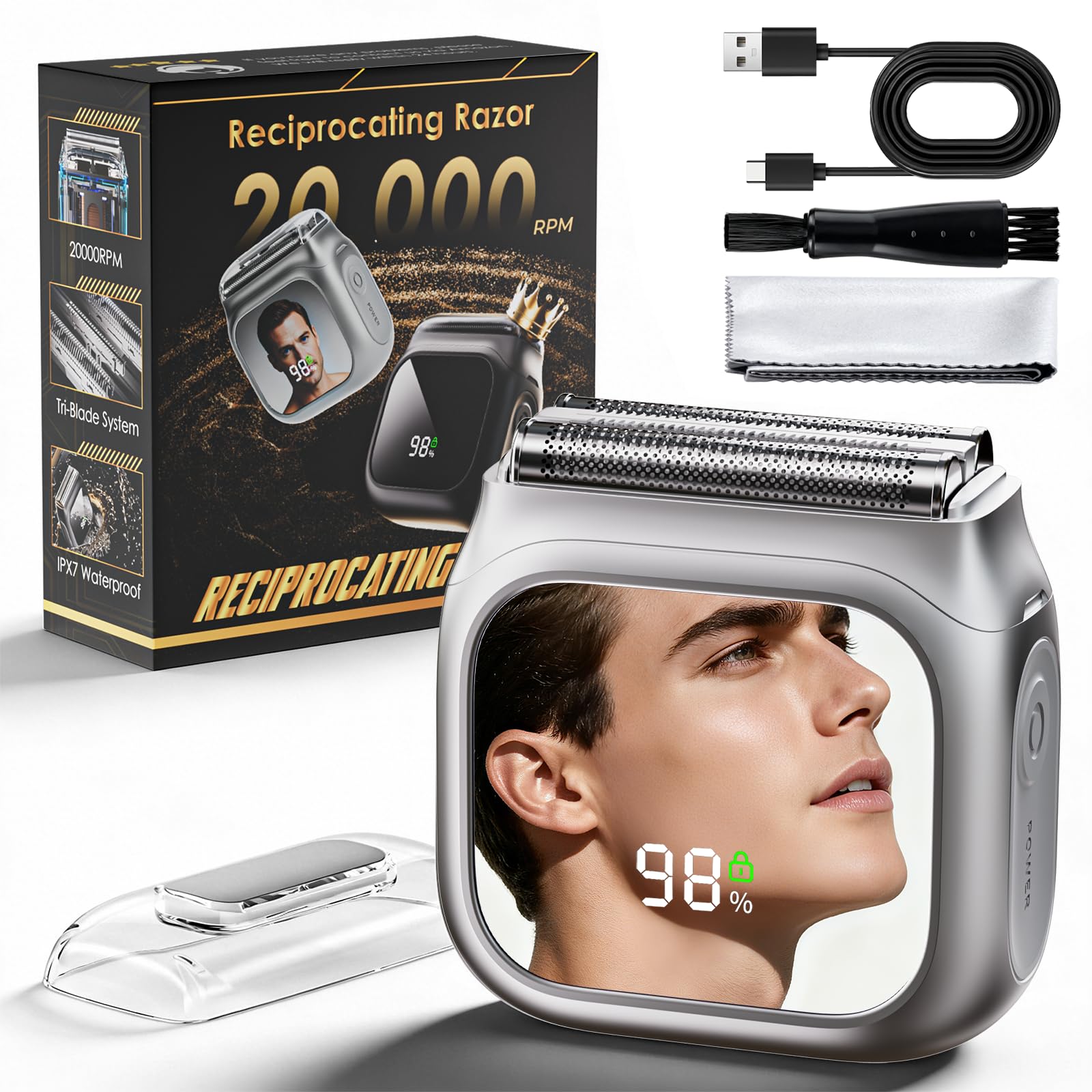 Electric Razor for Men,Innovative Mirror Design,Electric Shaver 20000 RPM Motor,Gentle & Smooth,Non-irritating to Skin,3 Floating Blade Heads,IPX7 Waterproof,Foil Shaver for Travel & Home Use Silver