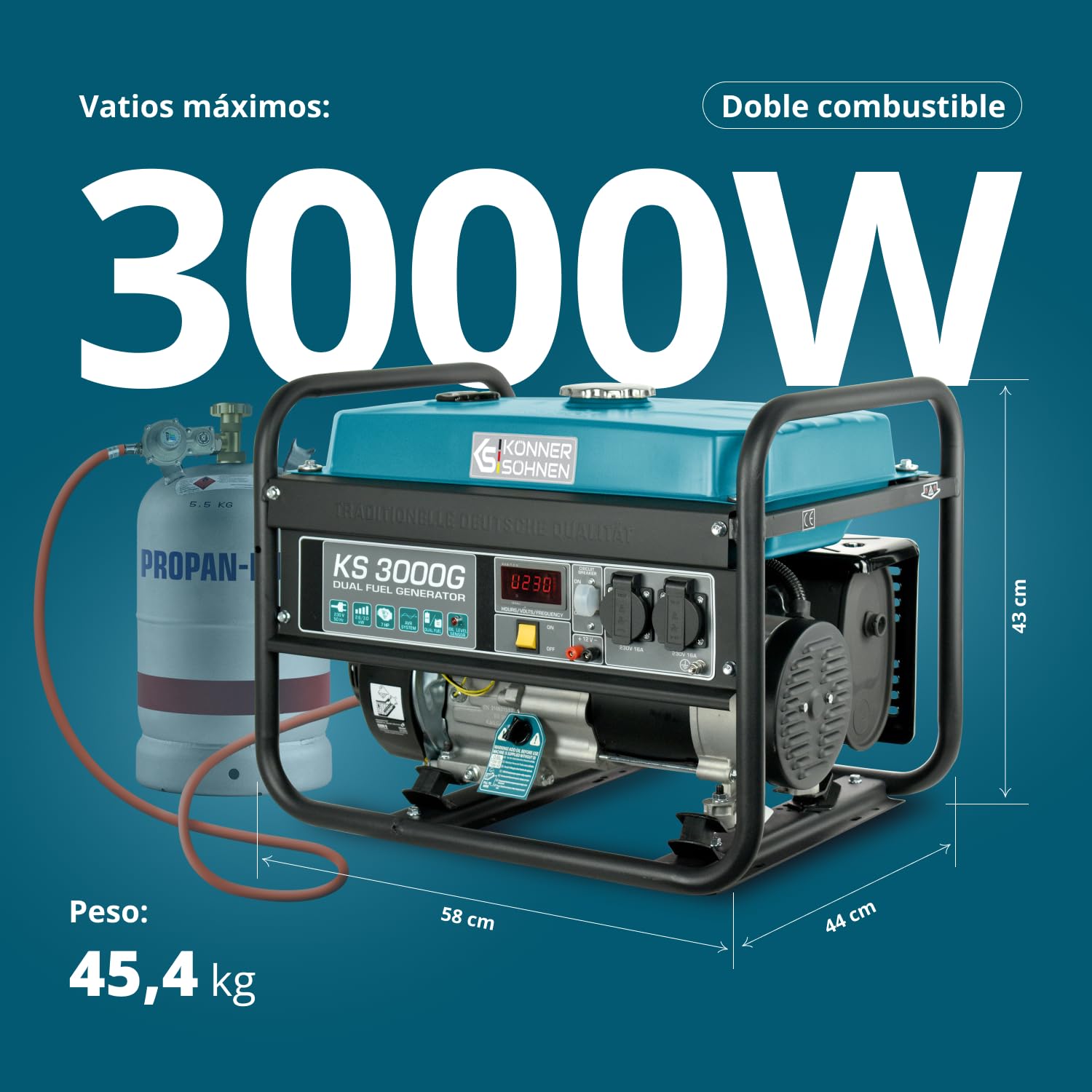 Generador de doble combustible (gasolina y gas) KS 3000G, generador electrico gasolina 3000 W, 2x16A (230 V), 12V, generador 4 tiempos con (AVR), indicador de aceite, protección ante sobrecargas