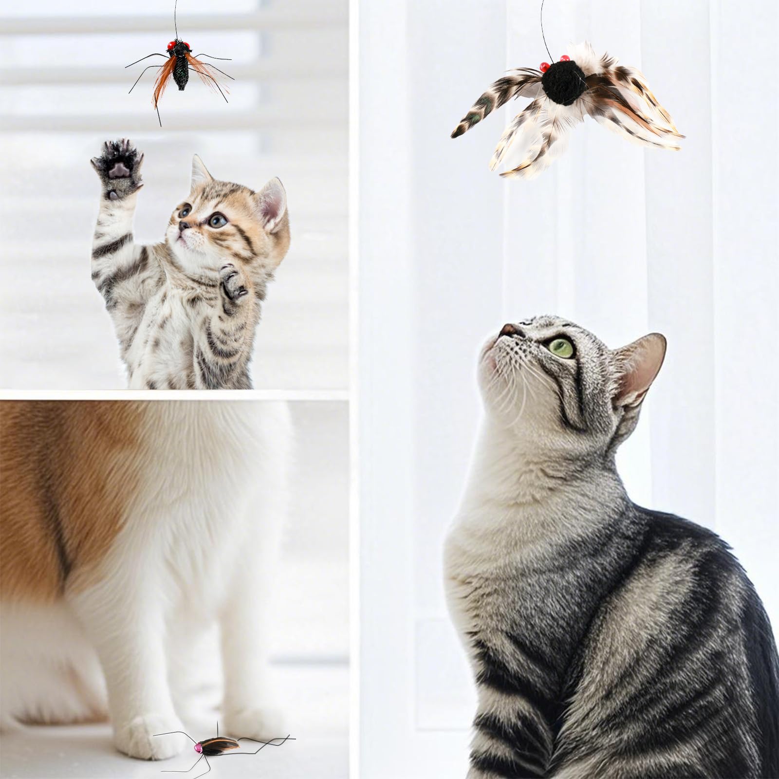 Juguetes de varita de plumas de insectos para gatos, varita de juguete interactiva para gatos con 4 recambios de insectos de simulación, juguetes naturales hechos a mano para gatos de interior