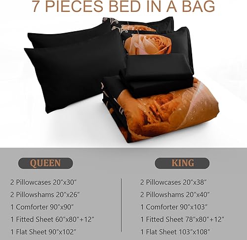 Miniatura 6 de Xruibed Juego de edredón floral tamaño King de 7 piezas en una bolsa, edredón de flores de rosa naranja con juego de sábanas de microfibra suave (1