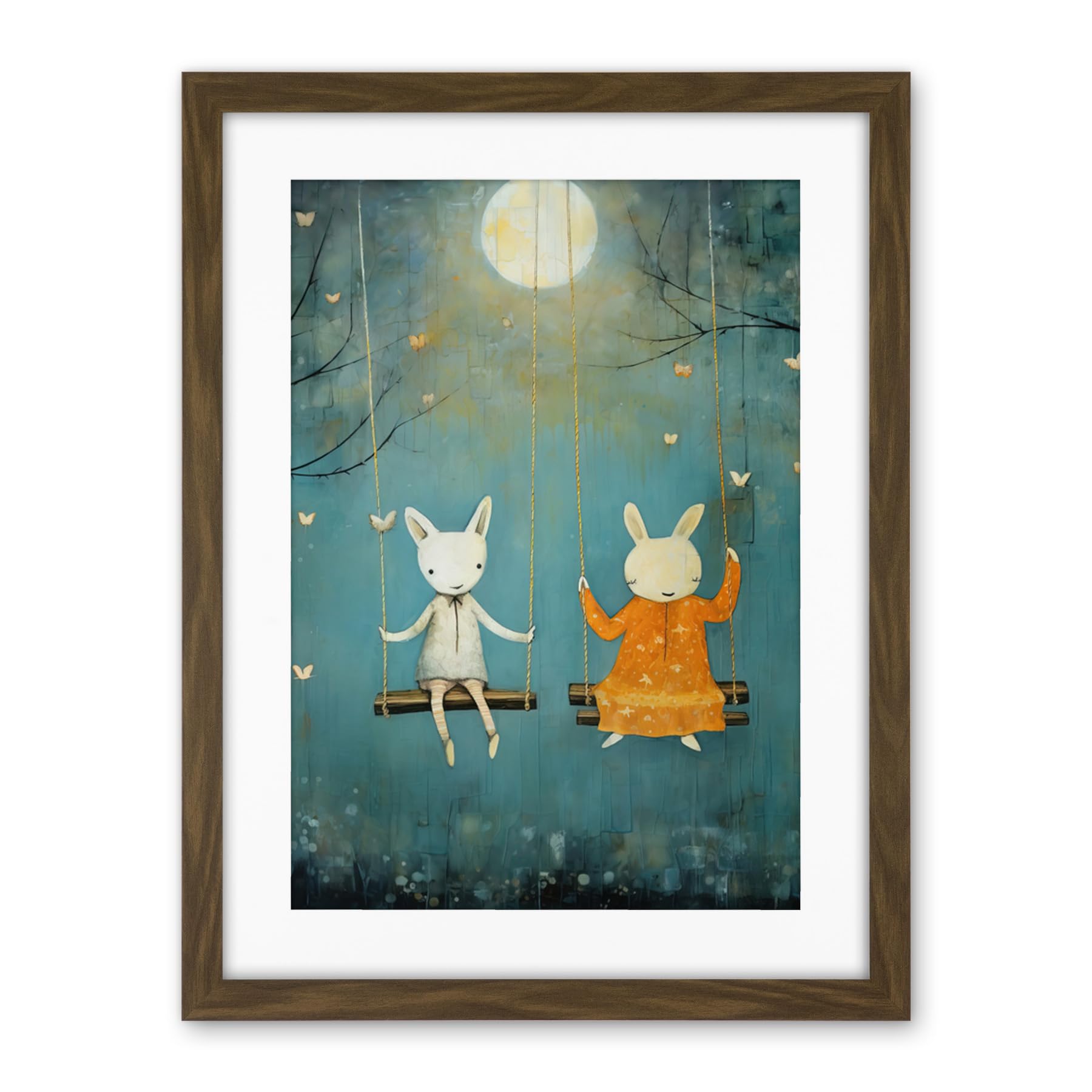 Artery8 Rabbits on a Swing with Moonlit Butterflies Calming Baby Nursery Artwork Framed Wall Art Print 18X24 Inch