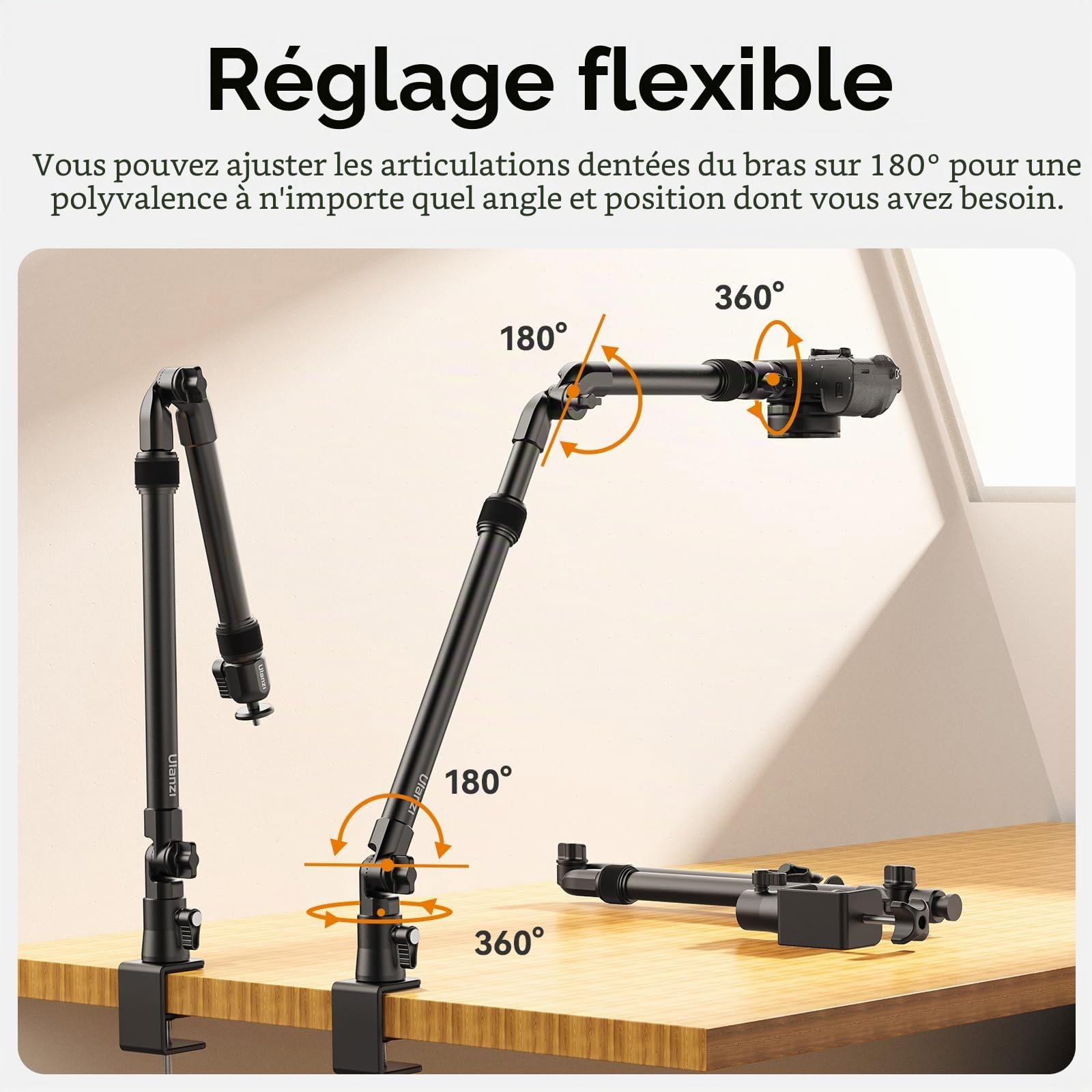 ULANZI ZJ02 98 cm Support deTable pour Caméra, Trépied Suspendu pour Streaming et Jeux Vidéo, Support d'éclairage avec Perche, Trépied à Pince avec rotule 360° pour Caméra/Anneau Lumineux