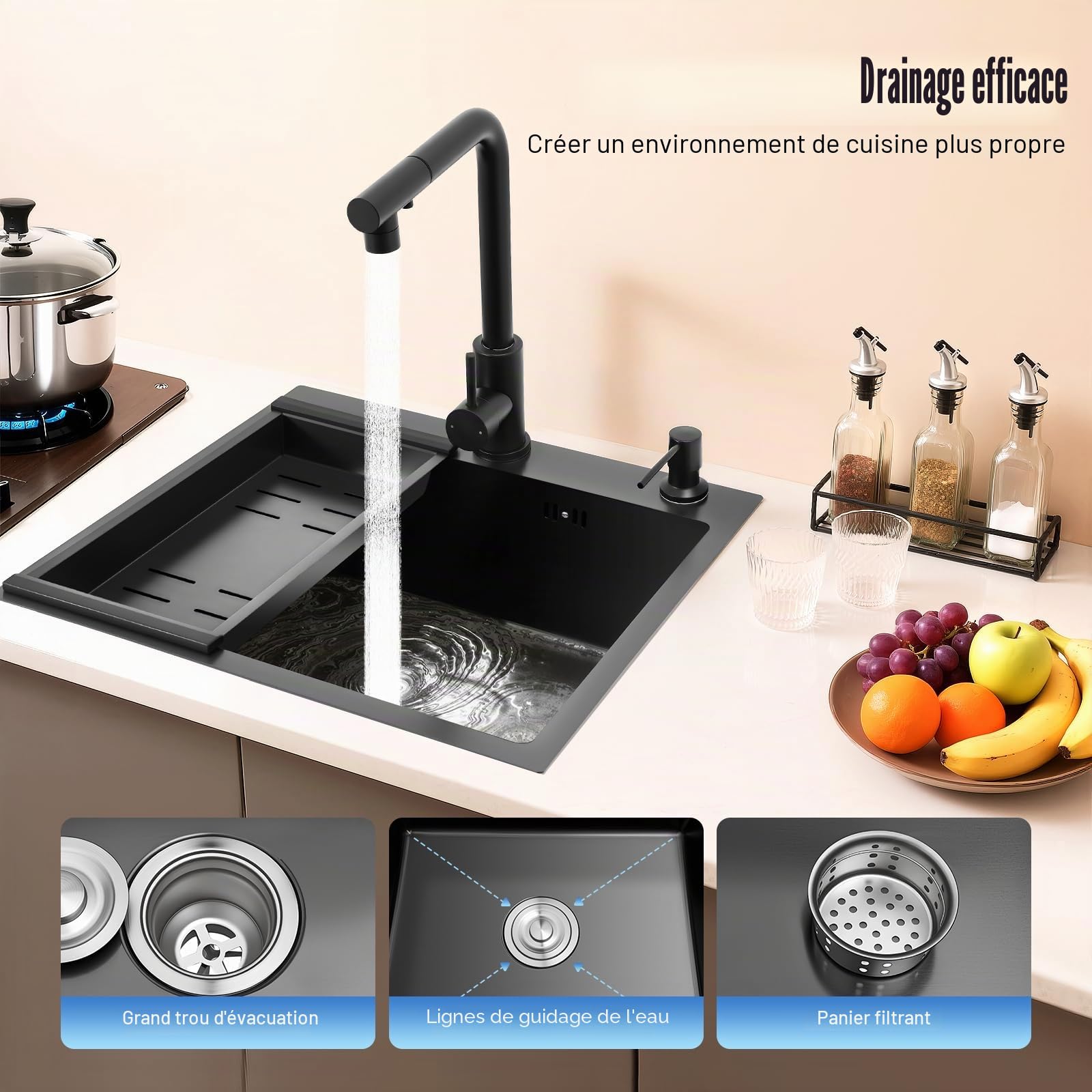 Évier Noir 50x45cm, Évier de Cuisine avec Robinet Extractible, 1 Cuvette Évier en Acier Inoxydable à Encastrer avec Égouttoir, Distributeur de Savon, Robinet Eau Chaude/Froide