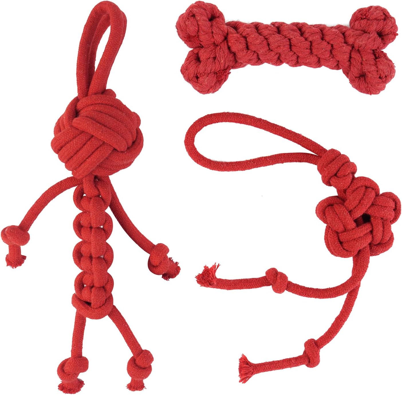 3 Pack Cotton Rope Dog Toy Set, Indestructible Chew Toys for Aggressive Chewers, Puppy Teething Toys with Bone, Human & Rope Dog Ball Designs for Boredom Relief & Tug of War， Red-White