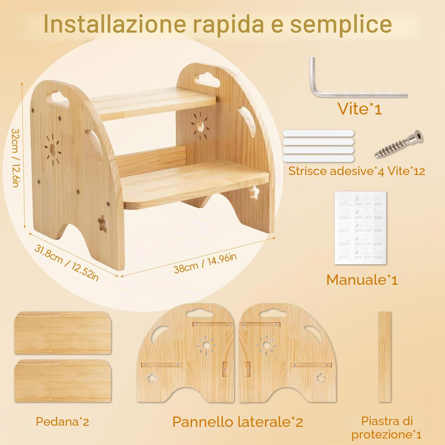 Wooden Step Stool, Sgabello A 2 Gradini In Legno,Sgabello Con Piedini Antiscivolo,Scala Domestica,Mobile, Per Bagno, Cucina, Cameretta Dei Bambini Dai 2 Anni