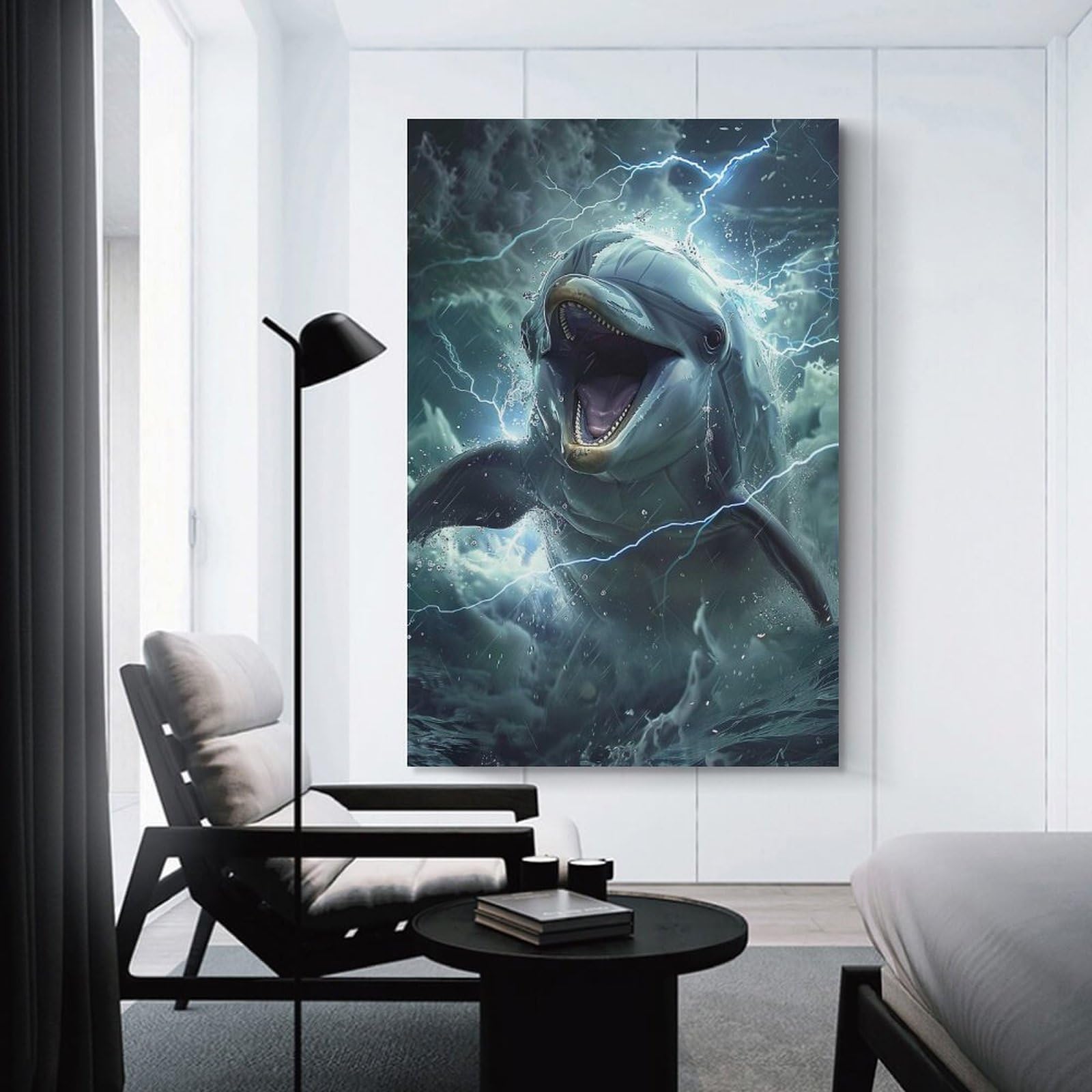 Junmoney Dolphin Lightning Hanging Wall Art, 24x36inch(60x90cm), for Bedroom Walls, Guest Spaces Or Lounges, An Easy Wall Refresh for Bedrooms