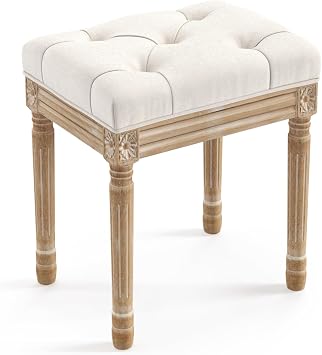 LUE BONA Upholstered Fabric Vanity Bench Seat for Dresser Square Tufted Ottoman Bench with Carved Wood Legs for Bedroom Living Room Beige