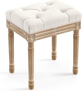 LUE BONA Upholstered Fabric Vanity Bench Seat, Makeup Stools for Vanity, Square Tufted Ottoman Bench with Carved Wood Color Legs for Bedroom Living Room, Beige