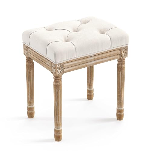 LUE BONA Upholstered Fabric Vanity Bench Seat, Makeup Stools for Vanity, Square Tufted Ottoman Bench with Carved Wood Color Legs for Bedroom Living Room, Beige