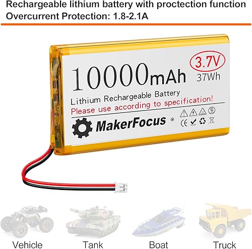 Miniatura 5 de MakerFocus Batería recargable de polímero de litio de 3.7 V 10000 mAh con placa protectora integrada, revestimiento aislante y enchufe PH2.0 para