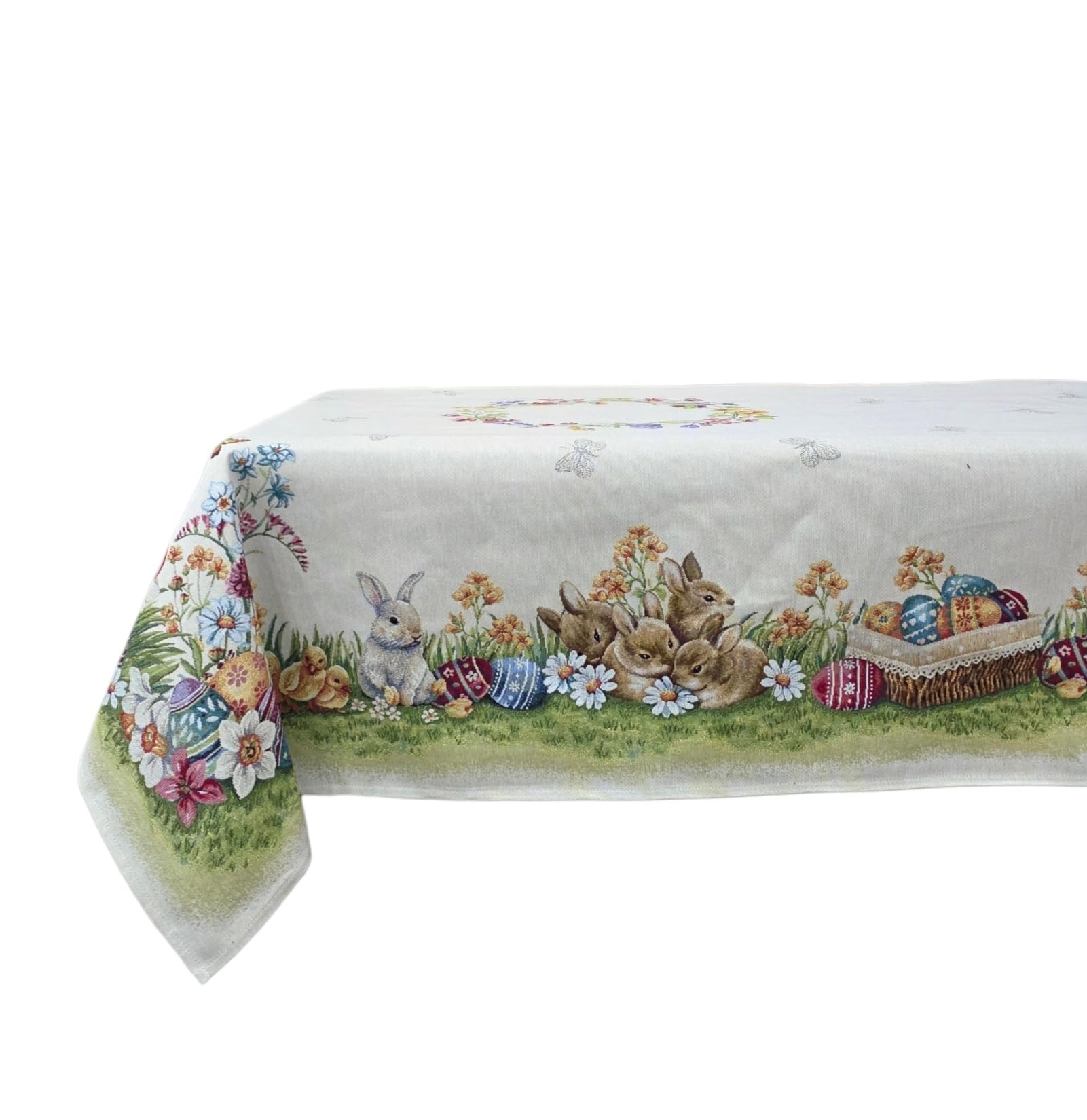 Generico Tovaglia, Copritavolo Pasquale, Conigli, Prato fiorito, Fiori, Uova, Uova colorate, Ghirlanda di fiori, Pasqua, Famiglia di Conigli, Farfalle, in Gobelin, dimensioni; 140x260cm