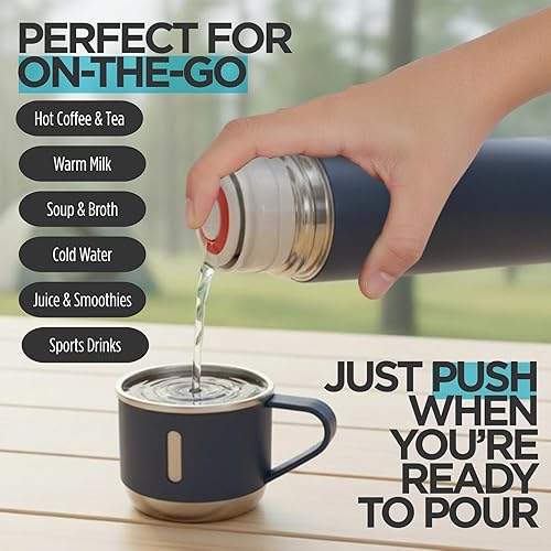 Miniatura 2 de Juego de frasco al vacío azul, botella de agua aislada de acero inoxidable con 3 tazas, botella térmica de café para bebidas calientes y frías, taza
