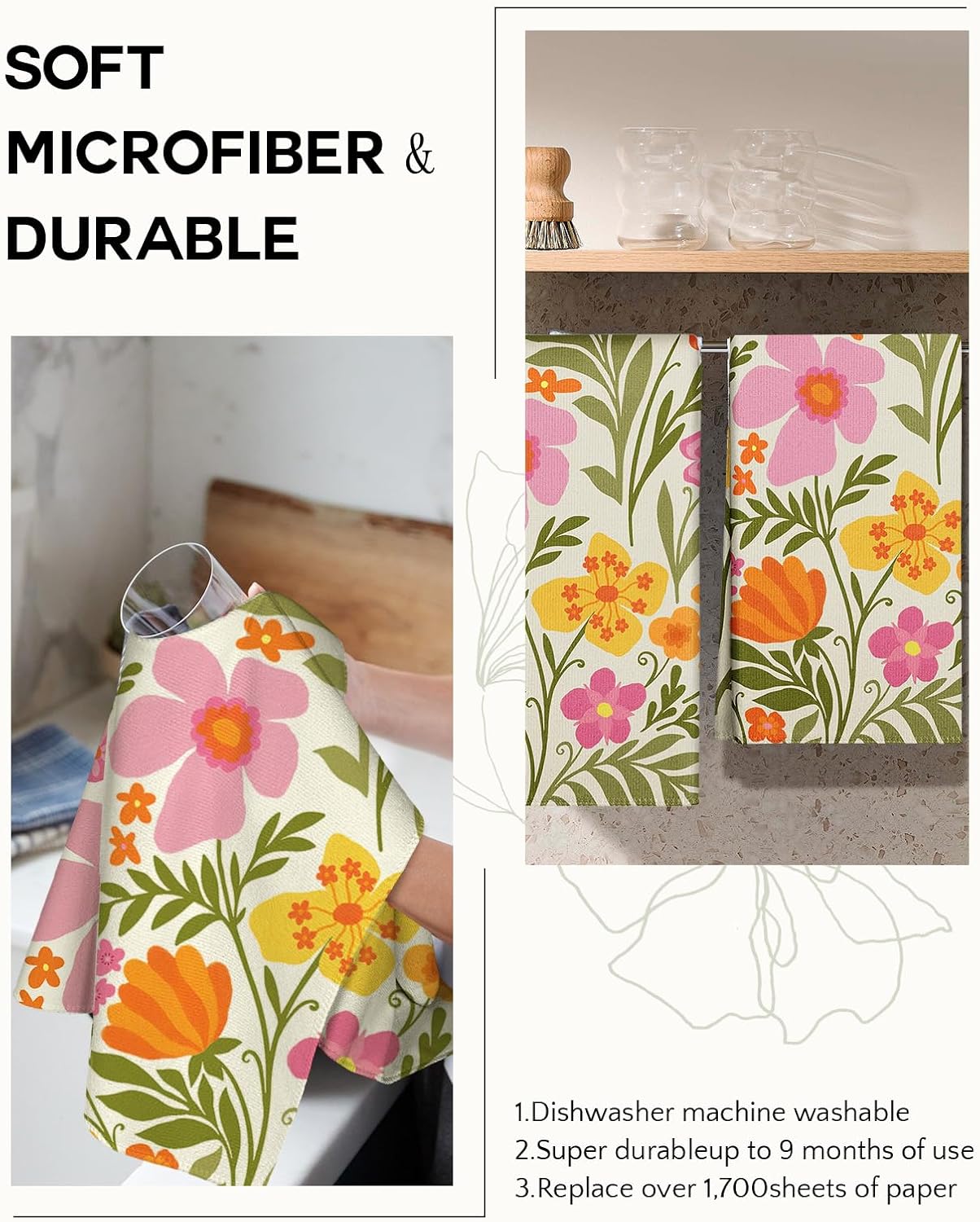 Cute Kitchen Towels Set of 2 - Dish Towels 18 x 26 Inch Microfiber Tea Towel for Home Decorative Flower Plant Spring Soft Reusable & Absorbent Aesthetic Vintage Design - Image 4