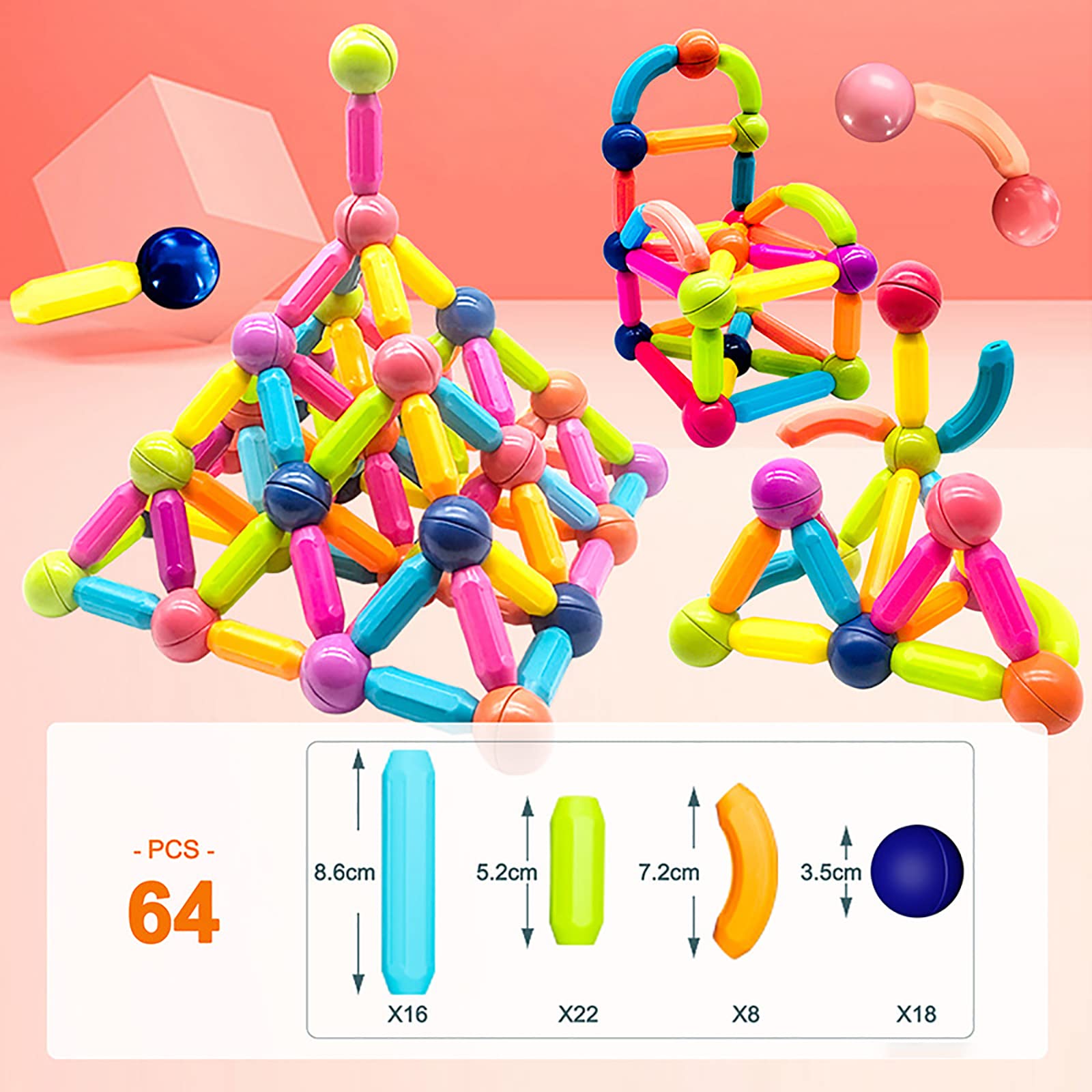 SVYHUOK Bloques de Construcción Magnéticos 3D Juguetes de Construcciones Magneticas Niños, 64 Piezas Liberar la Creatividad Más Juguetes Educativos, Juego de Imanes para Niños Reyes Magos Regalos