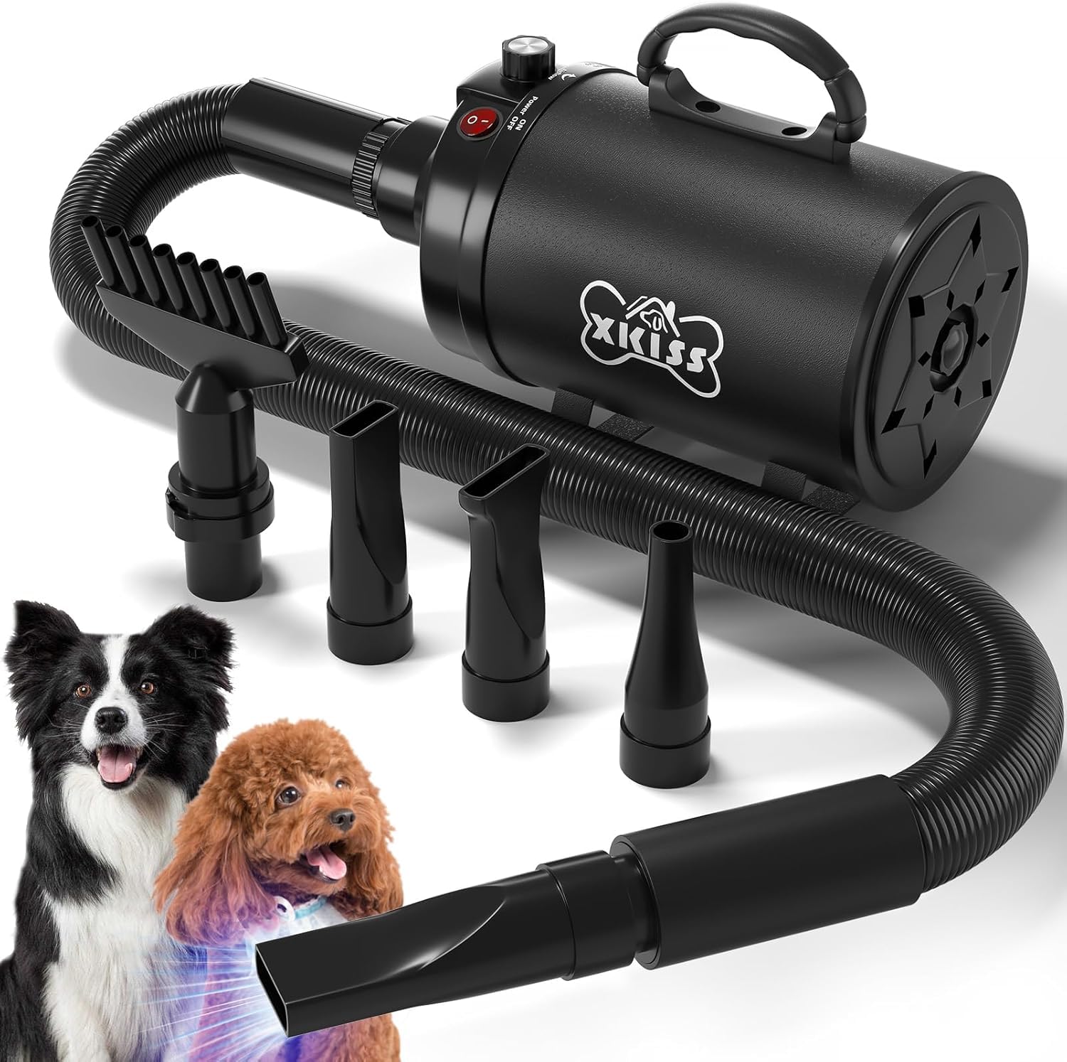XKISS Soffiatore per Cani 2800W Asciugatore per Cani Continua con velocità e Temperatura Regolabile Asciugacapelli per Animali Domestici，Grooming Cane Animali，con 4 Accessori. (Nero)