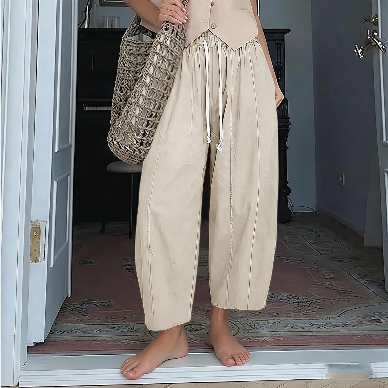 Cotton Linen Barrel Pants for Women High Waisted Wide Leg Pant Summer Casual Baggy Cropped Trousers with Pockets