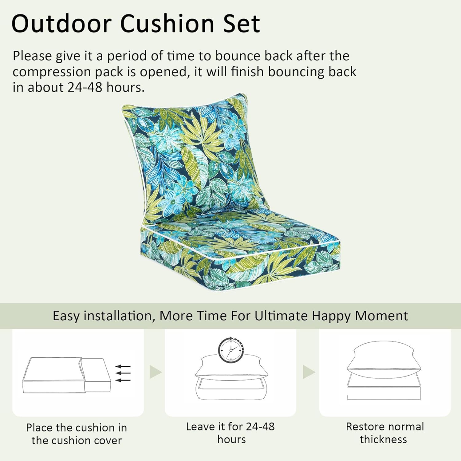 COZYVIDA Outdoor Deep Seat Cushion Set of 2, 22"x24"x5.1" Seat & 23"x19" Back,Water-Resistant Breathable Fabric,UV-Resistant 1000+ Hrs, 30D Foam with Recycled Fiber Fill and YKK Zippers,Jungle Floral