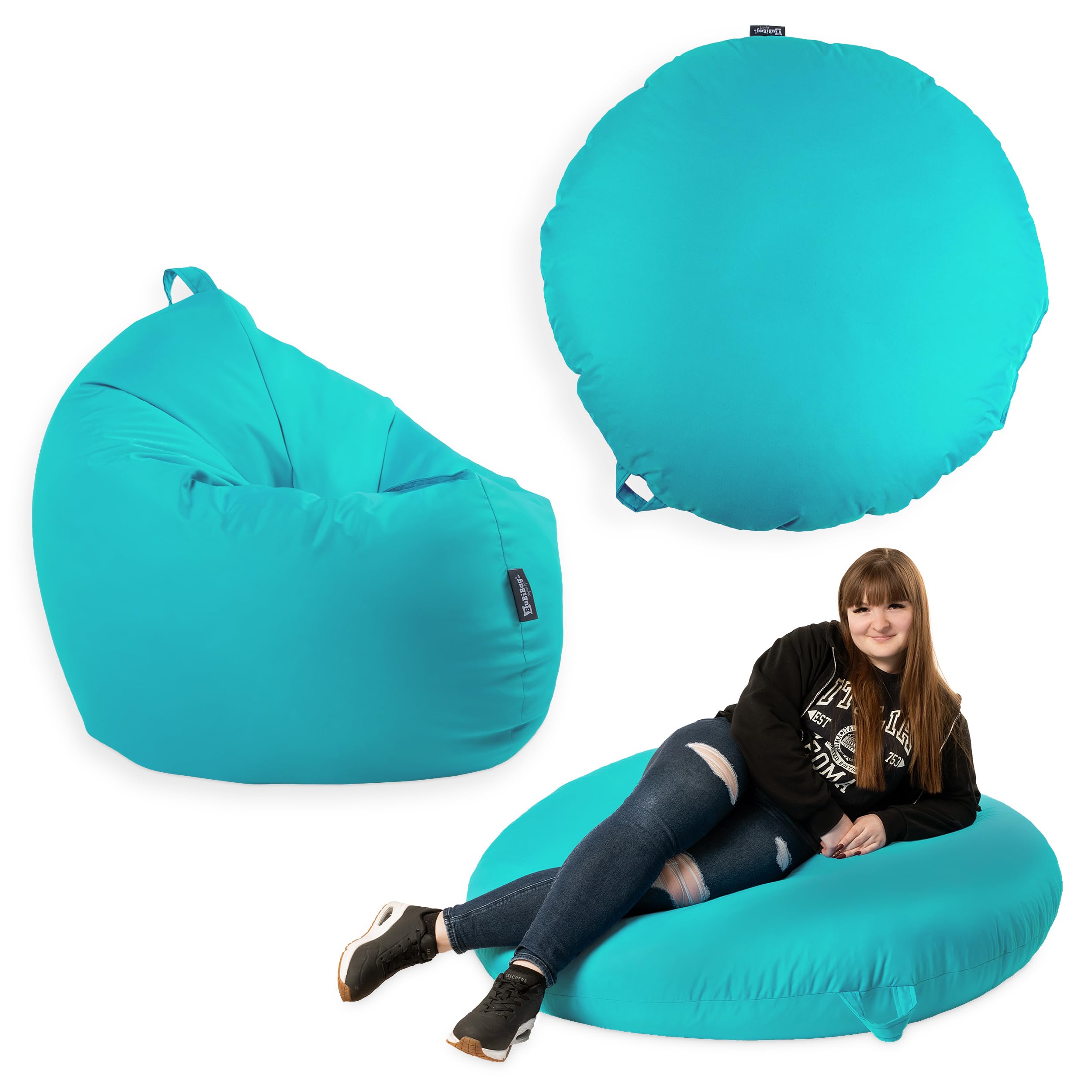 Premium 2-in-1 Sitzsack mit Füllung | Fußhocker | für Kinder & Erwachsene | Outdoor & Indoor | Sitzkissen | Bodenkissen | Wasser- & schmutzabweisend + Sitzpouf 35x35x35cm (Türkis, 145 CM + Sitzspouf)