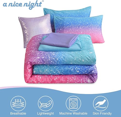 Miniatura 5 de A Nice Night Juego de ropa de cama de 6 piezas con purpurina degradada para niñas, tamaño individual, juego de edredón colorido de galaxia arco