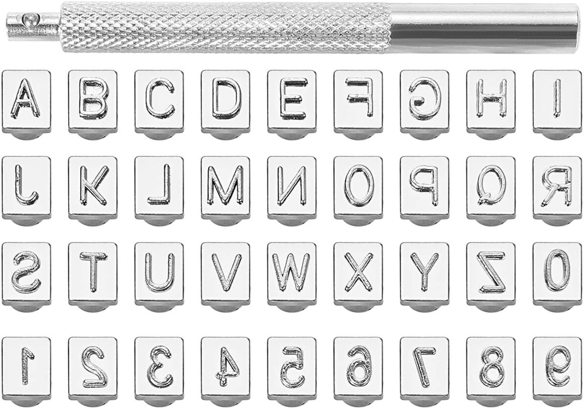 36Pcs Leathercraft Metal Letter and Number Stamps Punch Set Tool, 26 Letters Alphabet & 10 Numbers Imprinted Metal Leather Punching Tools for Leather Belt Bag Hat Shoes Craft Marking (6mm)