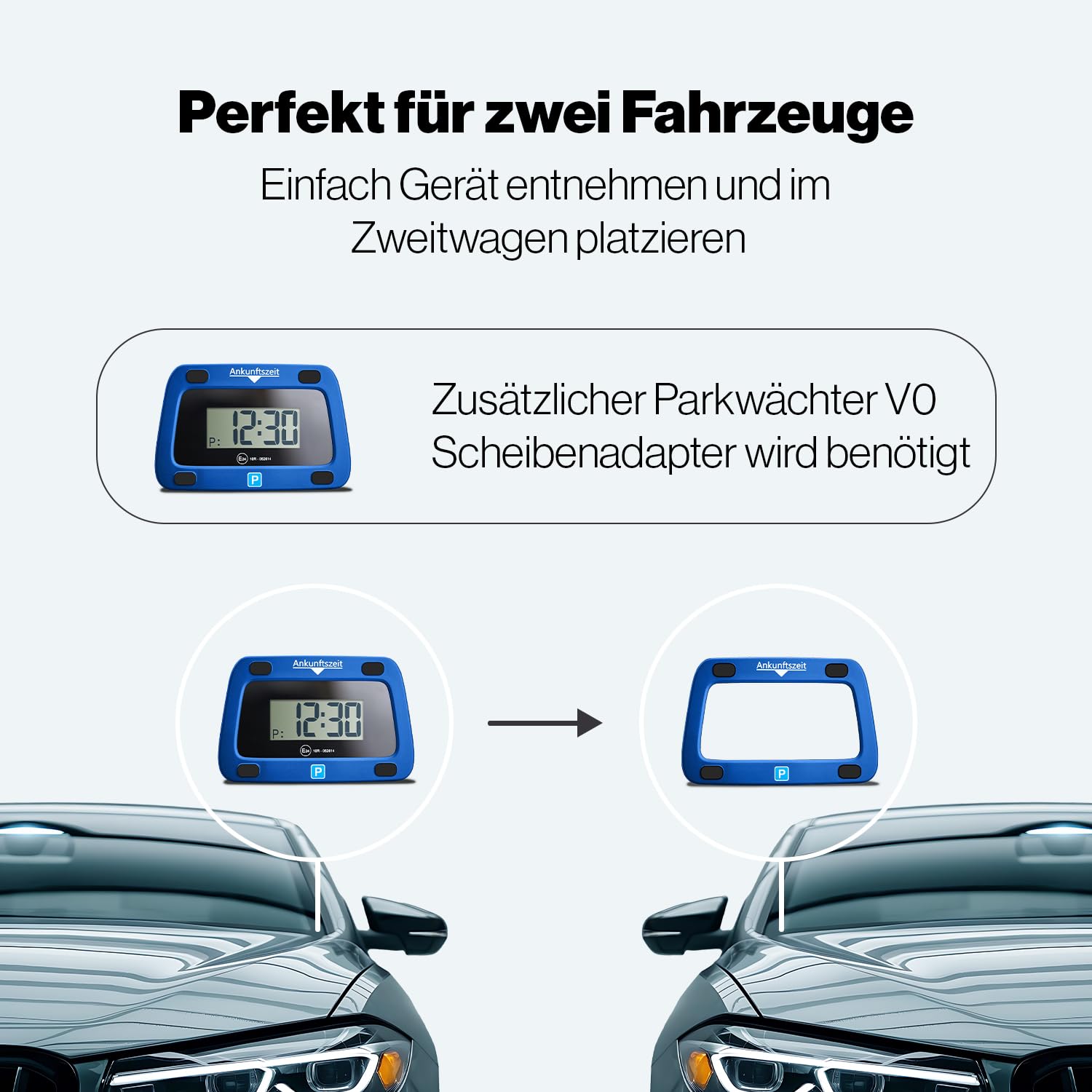 Parkwächter V0 Digitale Parkscheibe mit 2 Scheibenadapter, entspricht der Straßenverkehrsordung, elektronische Parkuhr für das Auto in blau 111 x 72 x 25 mm