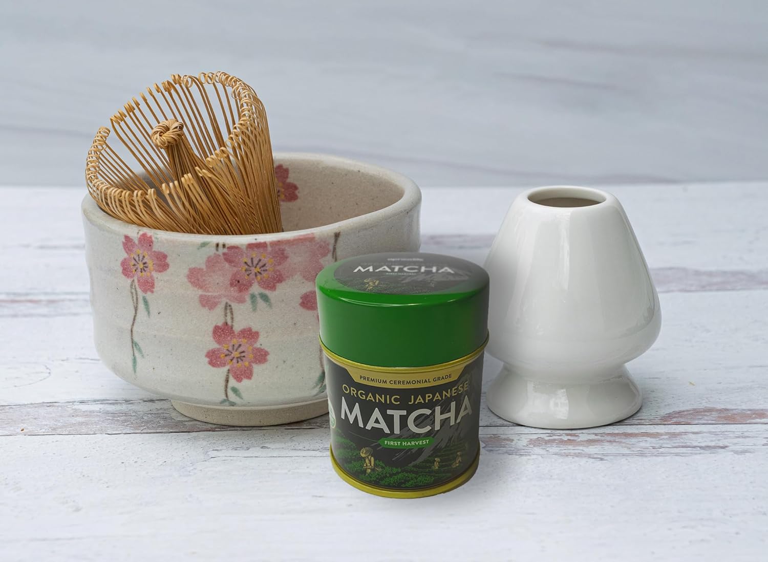 Beige Sakura Ceramic Matcha Set - Japanese Matcha Bowl, Ceremonial Matcha 30g, Bamboo Matcha Whisk and Whisk Holder - Handcrafted Matcha Cup, 100 Prongs Chasen by Aprika Life