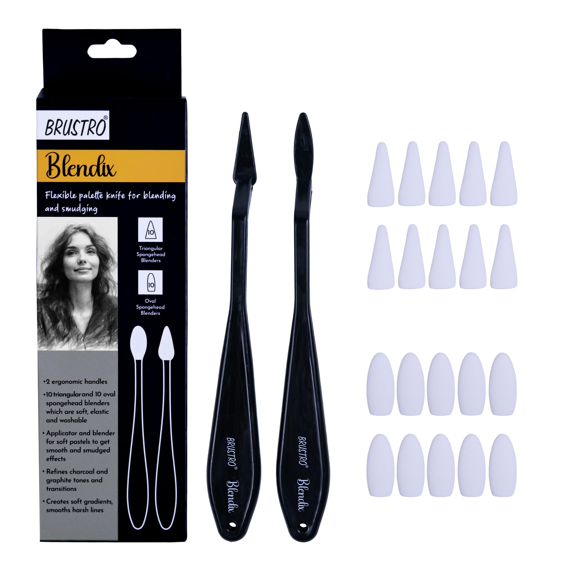 BRUSTRO Blendix Flexible Spongehead Soft Palette Knives | Set of 2 Ergonomic Handles with 10 Triangular & 10 Oval Sponge Blender | Ideal for Blending, Smudging with Graphite, Charcoal and Pastels.-image-13