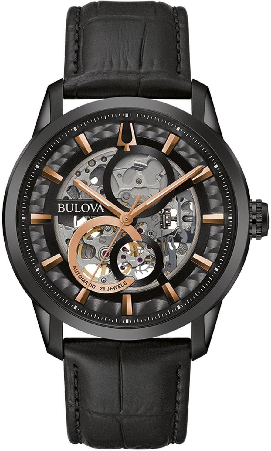 Bulova Orologio analogico automatico da uomo, con cinturino in pelle 98A283, Nero, Moderno
