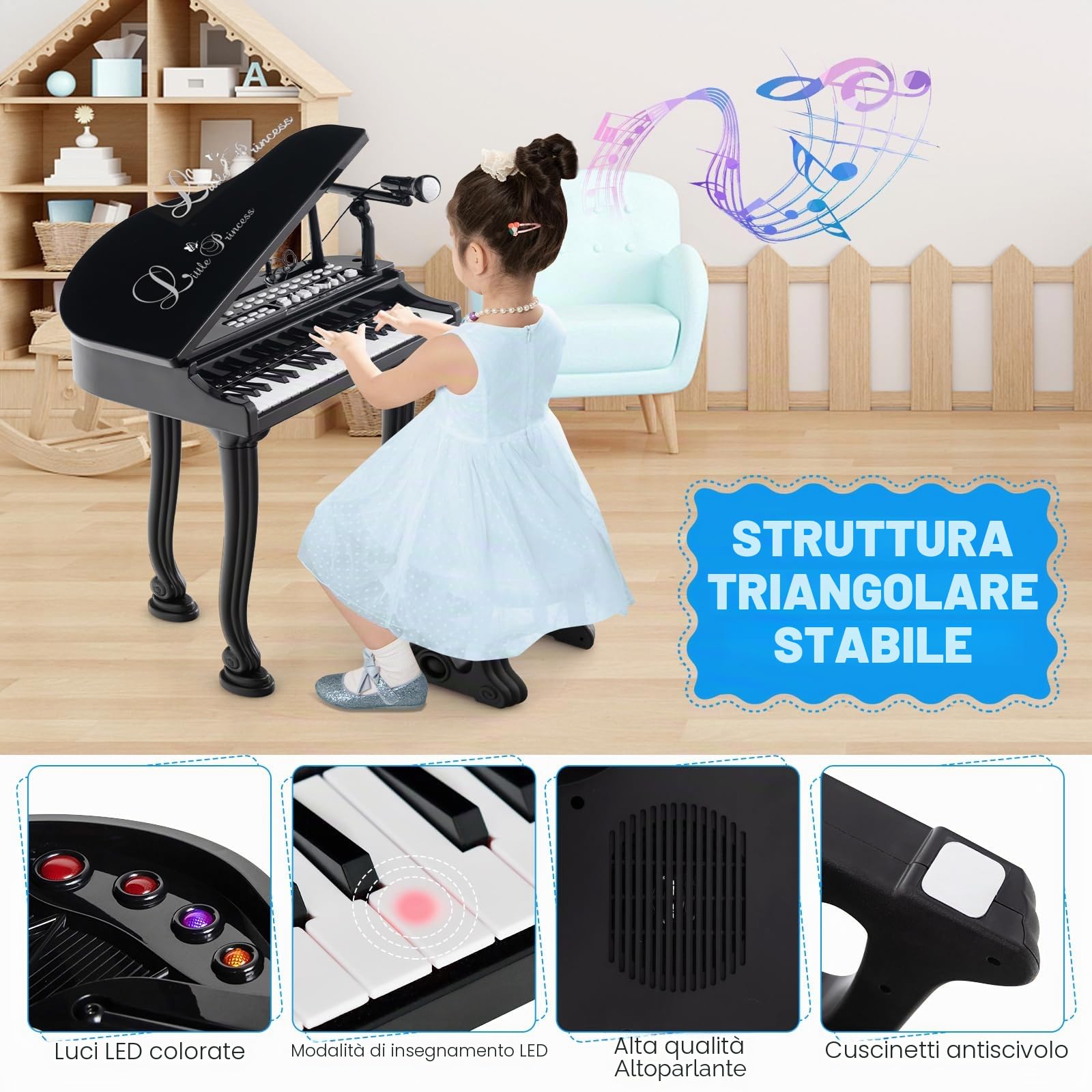 KOMFOTTEU Set di pianoforte per bambini, 37 tasti, pianoforte elettronico con microfono e sgabello, tastiera per pianoforte elettronica con 8 effetti di percussione e stili di accompagnamento
