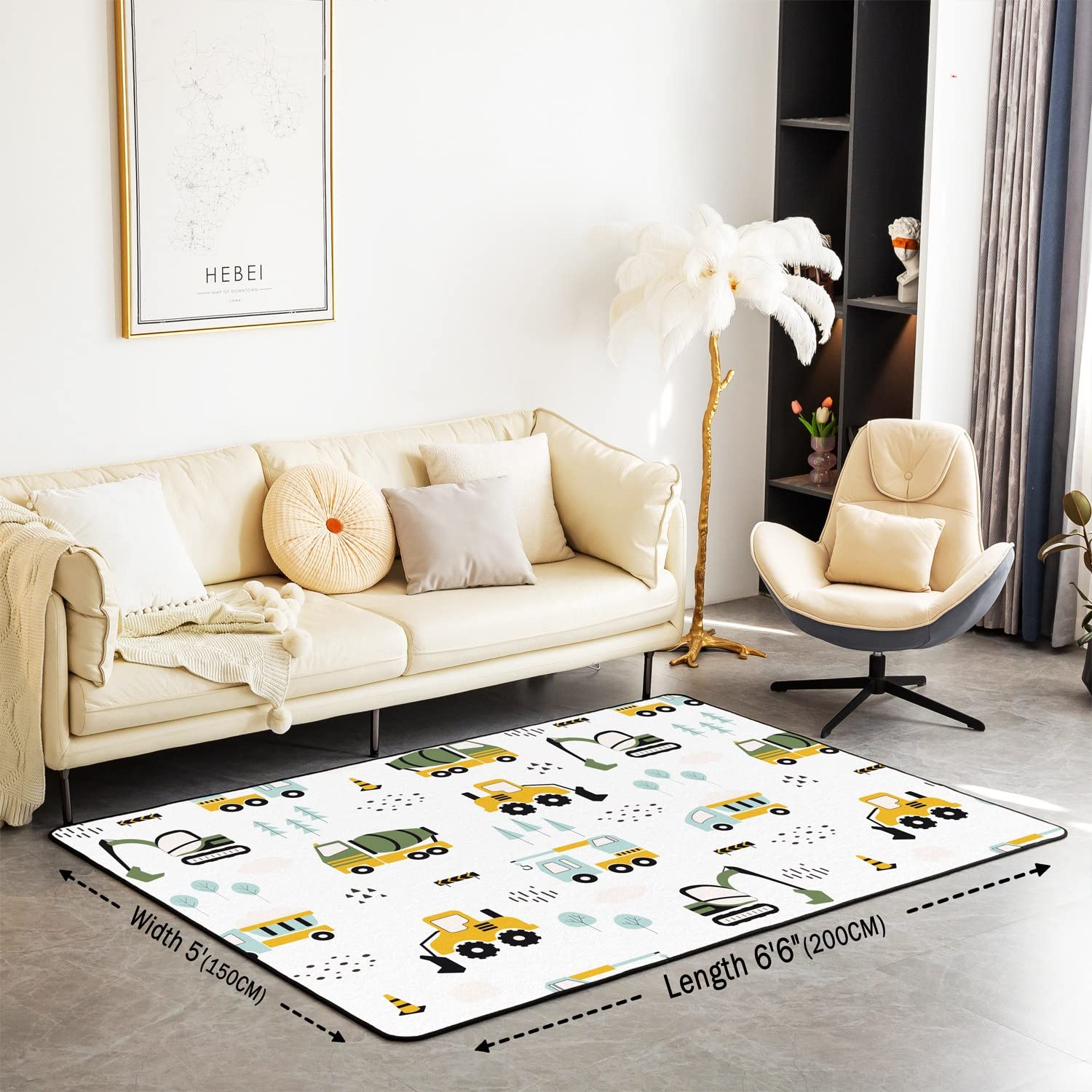Homemissing Equipement Trucks Decorative Tapis de Salon, Chambre Salon Dessin animé Voiture carré Tapis d'extérieur, Tapis décoratif Architectural Jaune Bleu Vert, 100x150cm