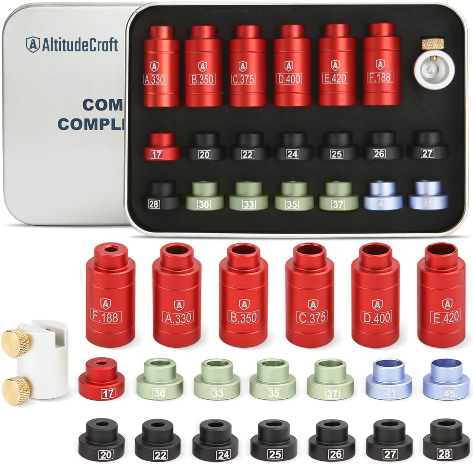 Bullet and Headspace Gauge Comparator Kit with 14 Inserts and 6 Bushings, Reloading Supplies and Equipment and Reloading Tool with Tin Box, Anodized Aluminum