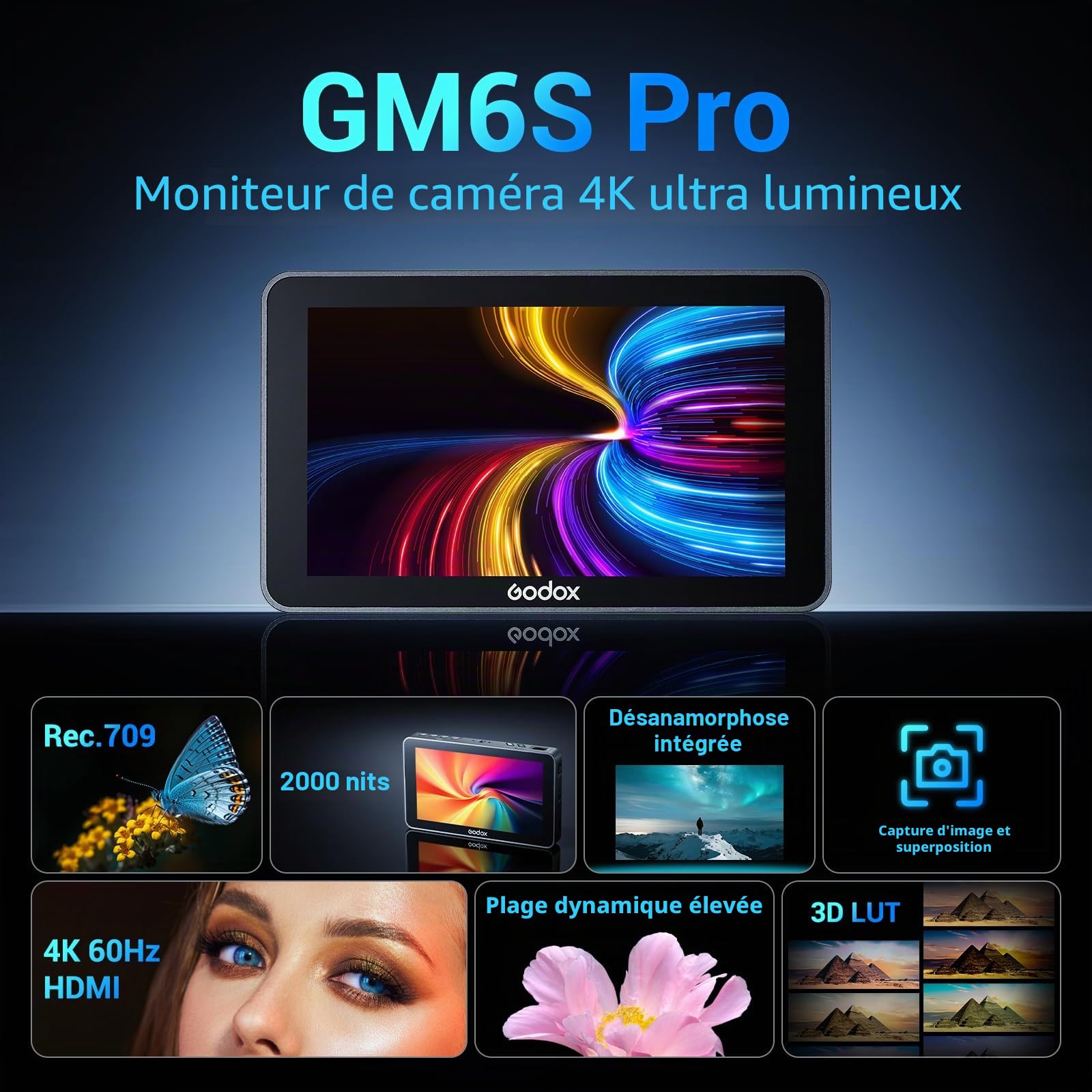 GODOX GM6S Pro Moniteur de Terrain pour Caméra 5,5 Pouces, Moniteur HDMI 4K | 2000 nits ±10 % ultra Lumineux, écran Tactile IPS 1920×1080, Entrée et Sortie LUT 3D, Boîtier Entièrement en Métal