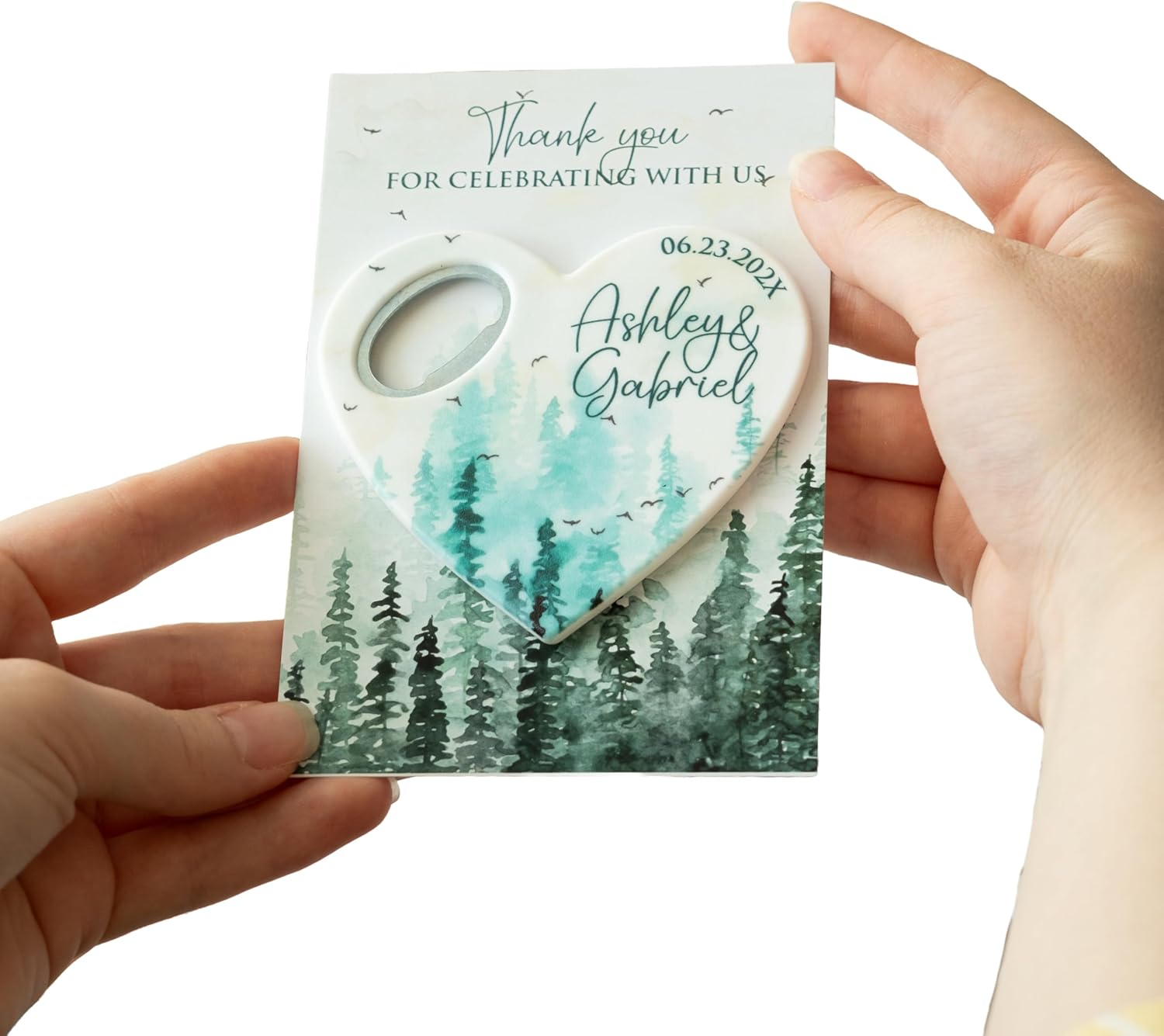 Personalized Heart Magnet Bottle Opener – Custom Wedding Favor With Sunset Mountain Design (Forest Landscape Design)