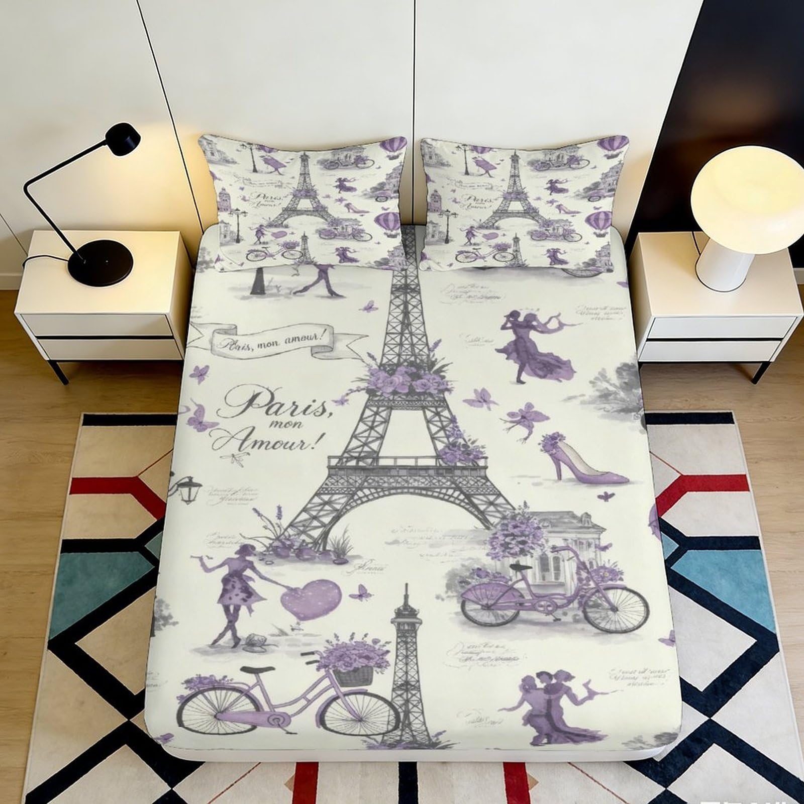 3D Printed Eiffel Tower Fitted Sheet Microfiber Purple Paris Romance Mattress Cover Anti-Slip Washable Bedroom Decor 90x200x25cm