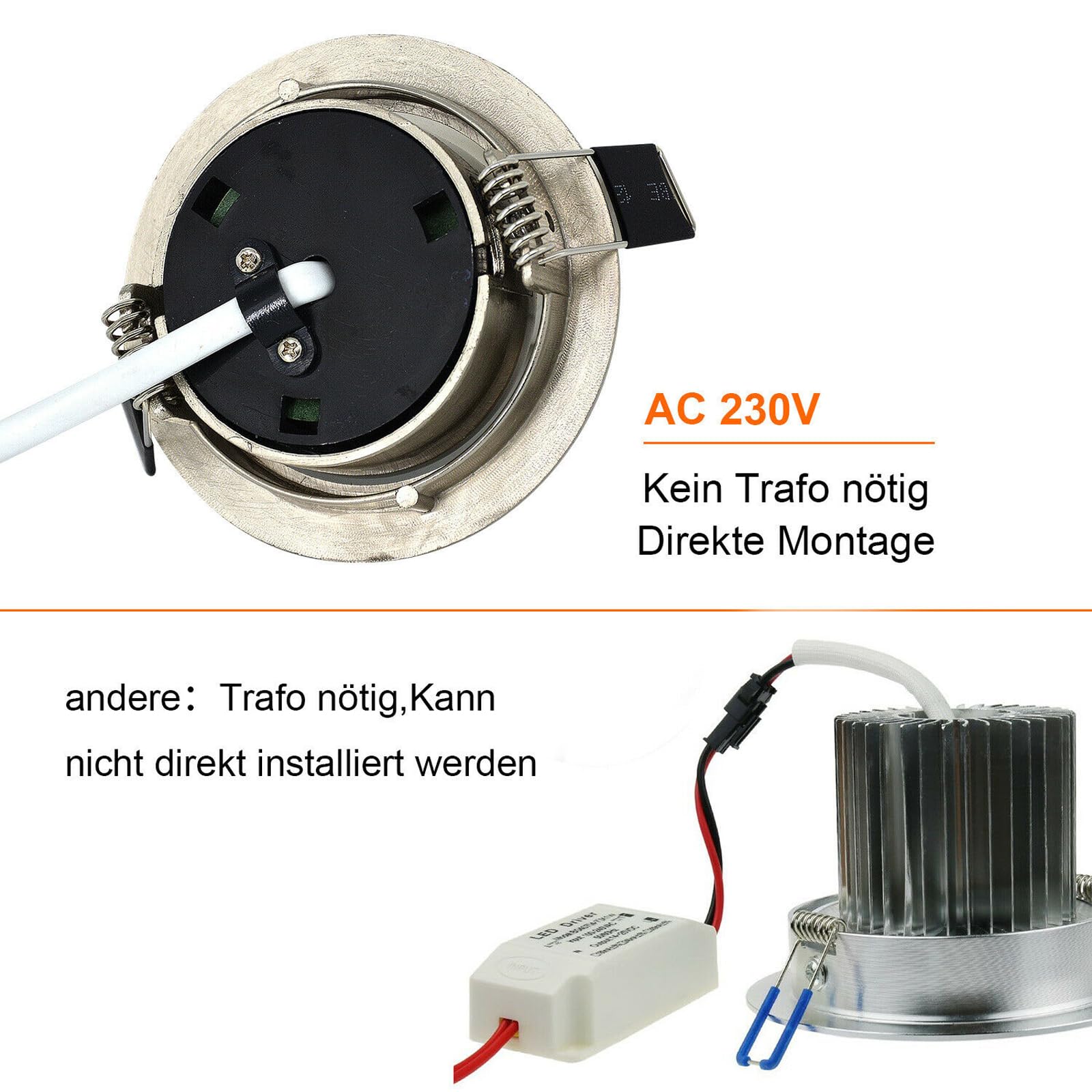 HiBay 8er Ultra Flach LED Einbaustrahler 5W Warmweiß Deckenstrahler 230V Edelstahl Gebürstet Einbauleuchten 40° Schwenkbar Einbauspots