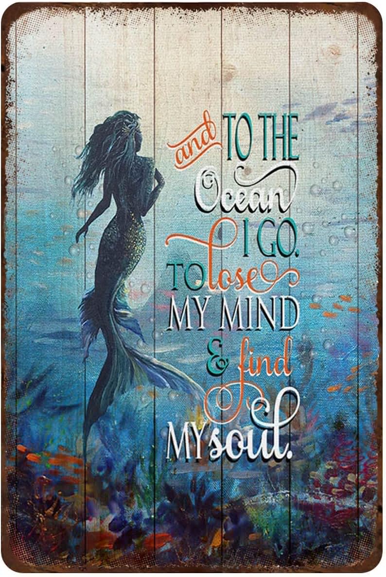 Rustic Retro Metal Tin Sign and to The Ocean Mermaid Wall Art Vintage Metal Tin Sign Cafe Store Club Bedroom Bathroom Novelty Retro Parlor Courtyard Wall Decor 8''x12''Inch