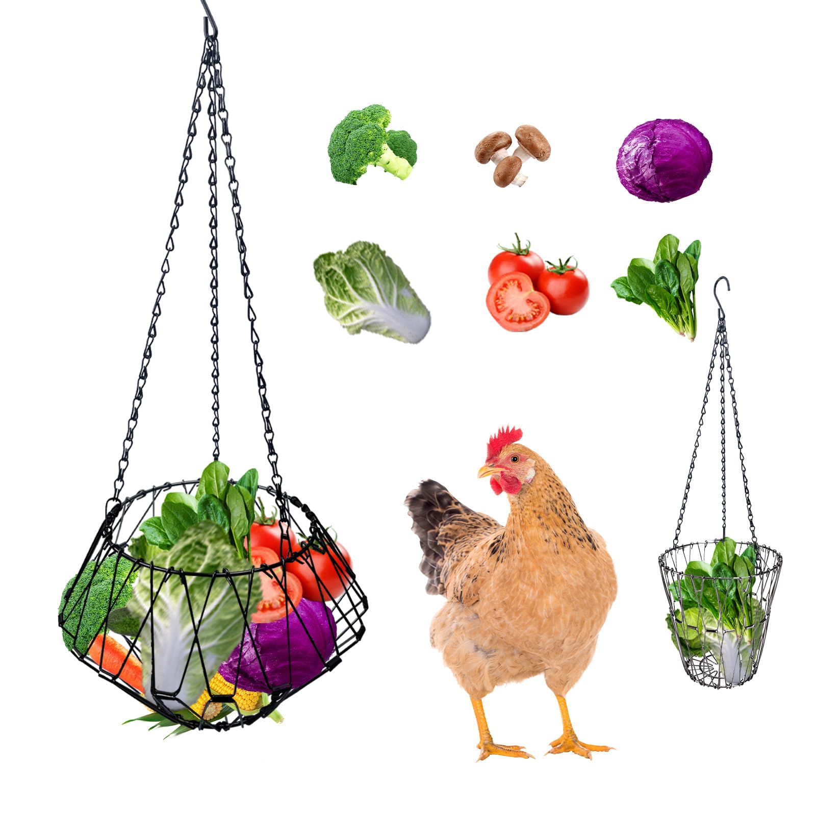 Hanging Chicken Feeder Accessories, Coop Must Haves -Foldable 6.5Inch Large Poultry Vegetable Fruits Chicken Treat Dispenser with 3pcs Hanging Chain,