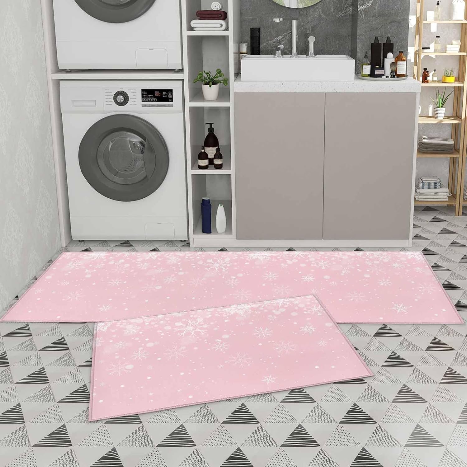 Libaoge Merry Christmas Kitchen Rugs and Mats Set of 2 Winter Snowflake Pink Background Kitchen Sink Mat,Non-Slip Area Runner Rug,Washable Floor Mat for Home Dining Room Office 18"x30"+18"x48"