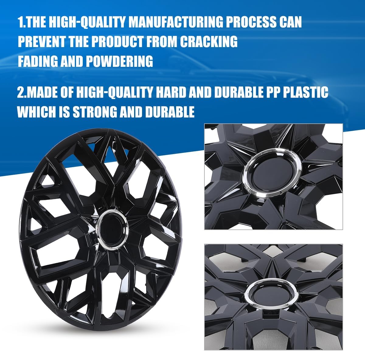 CPW 15’’ Universal Hubcaps for Steel Wheel Rims Cover Snap On Car Truck SUV Car Accessories PP Material Replacement Hub Caps Set of 4 (15 Inch Black Lacquer)