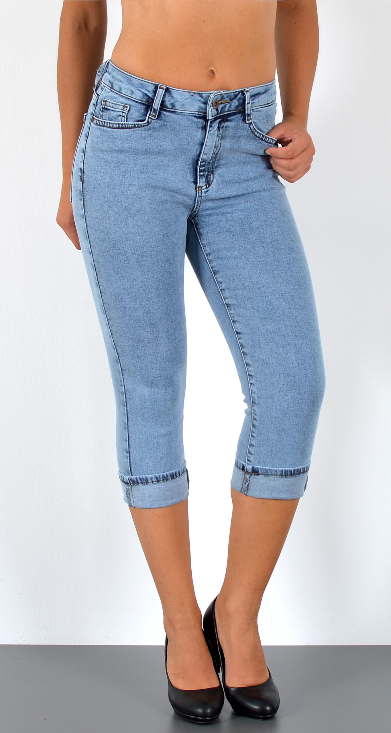 ESRA Damen Capri Jeans Hose Damen Caprihose 3/4 Jeans-Hose kurz bis Übergröße C15