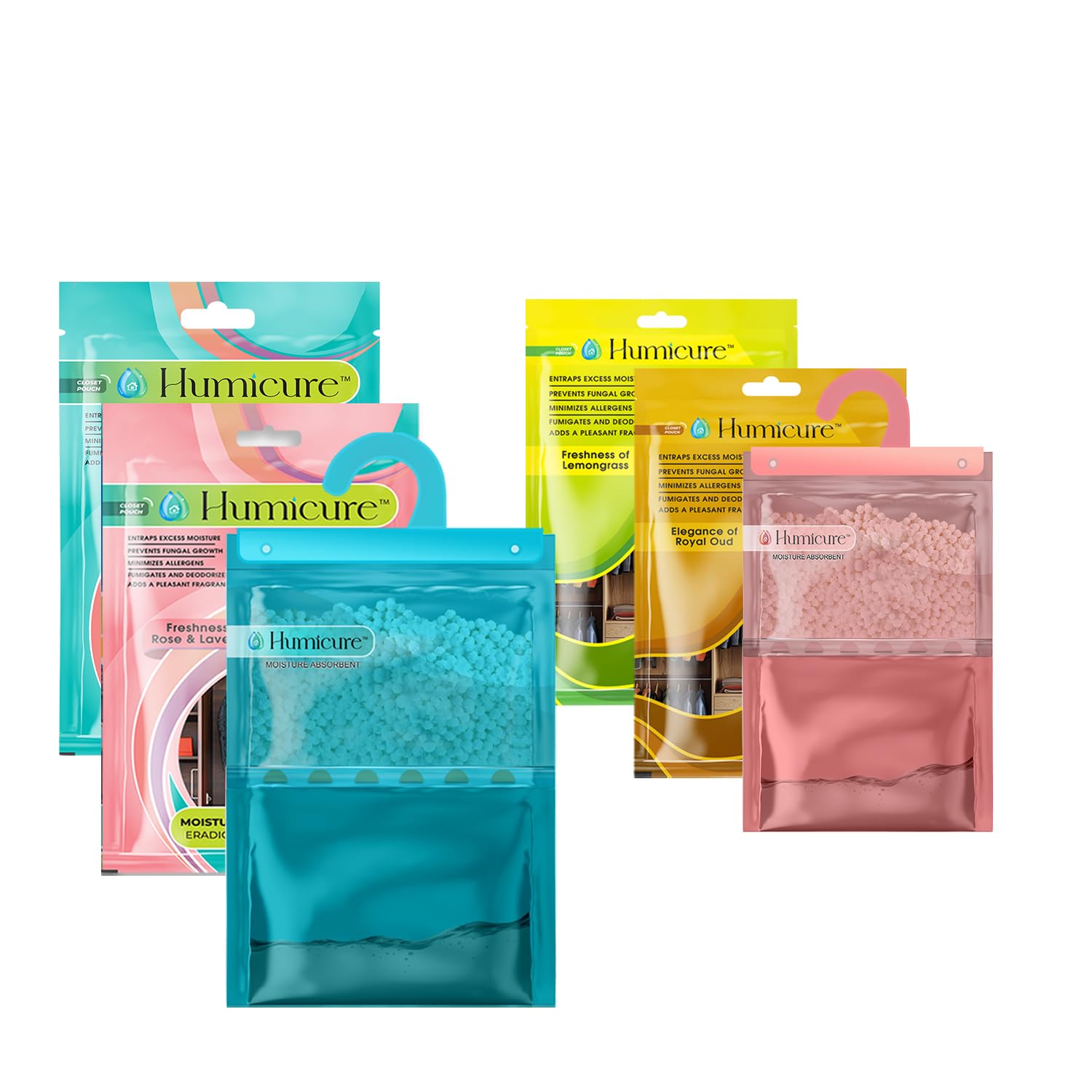 HUMICURE Moisture Absorber Dehumidifier Bags | (400g & 220g) for Large & Small Spaces | Moisture Control for Wardrobes, Bathrooms, Kitchens & Cars | Prevents Mold & Odors (Pack of 04_Combo)