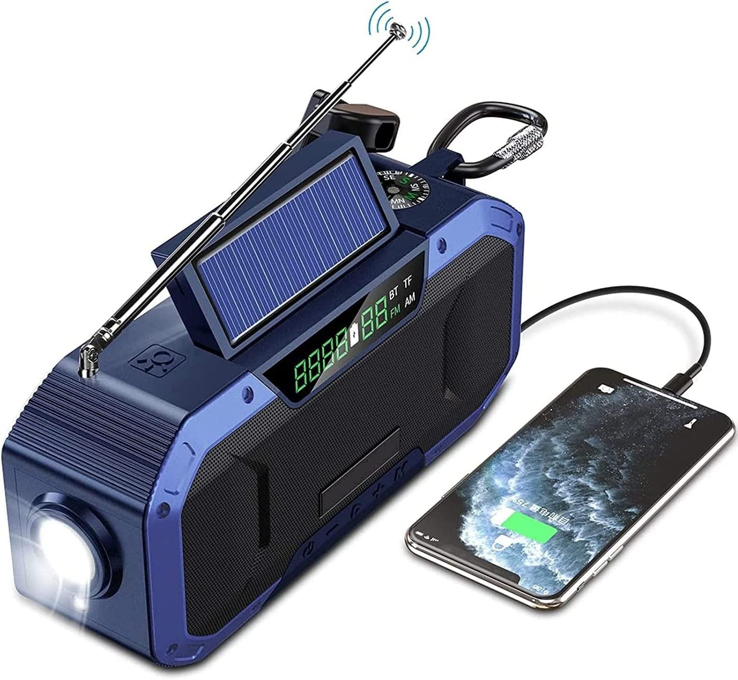 Crank Radio World Receiver 5000 mAh Solaire USB Rechargeable Radio d'urgence avec Radio AM/FM et Lampe Torche LED Lampe de Lecture Boussole