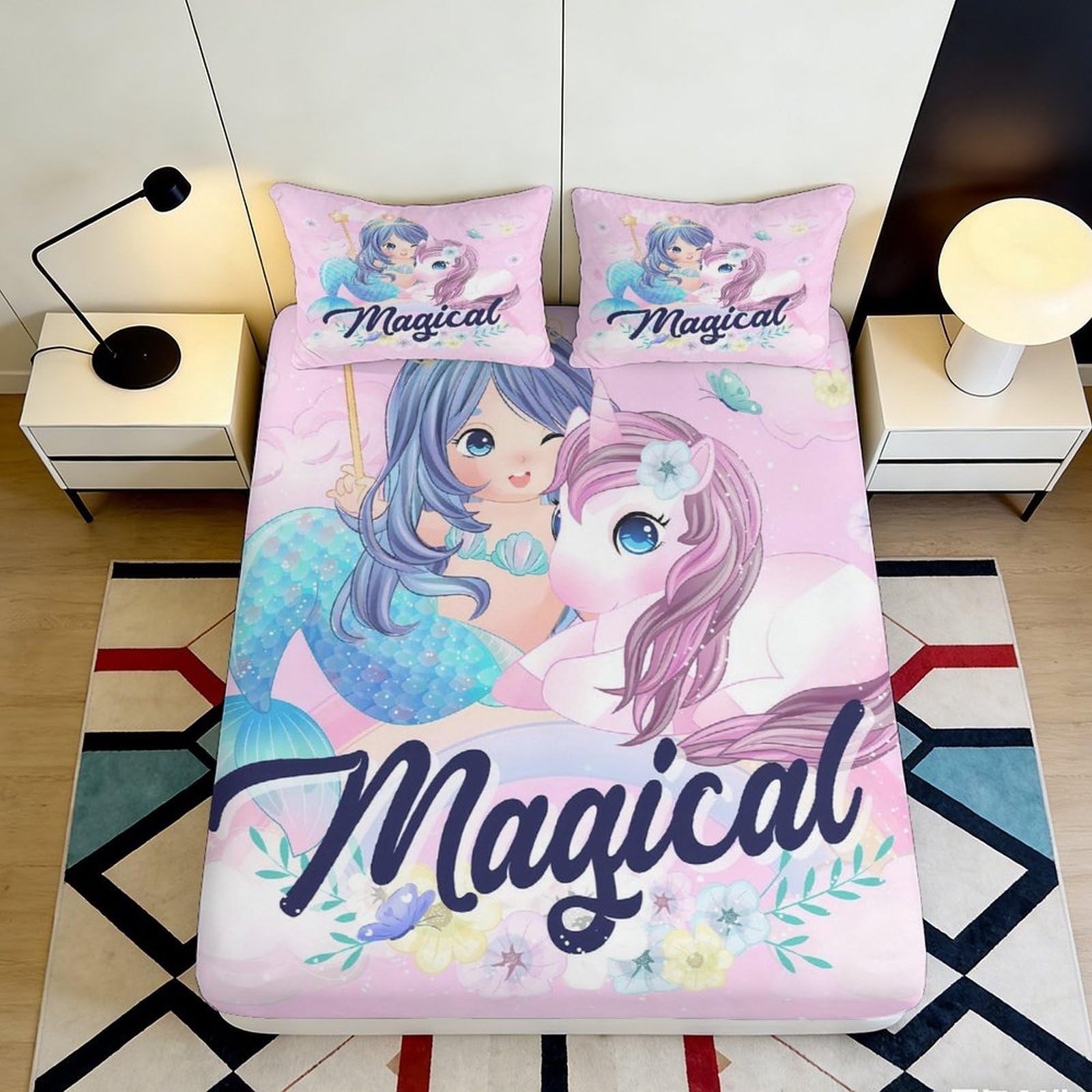 Pnayamiorkfel Style-7 3D Printed Mermaid Unicorn Fitted Sheet Microfiber Pink Fantasy Bed Cover For Bedroom Guest Room Decor 90X200x25cm