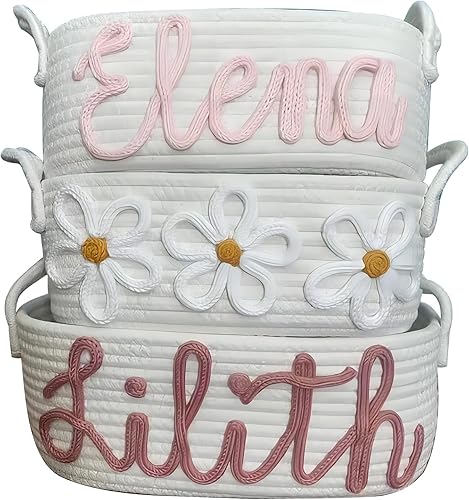 Custom Baby Name Basket, Baby Shower Gift Basket, Diaper Caddy For Baby Girl-Cotton Rope Diaper Caddy,Diaper Organizer For Changing Table (Option 1)